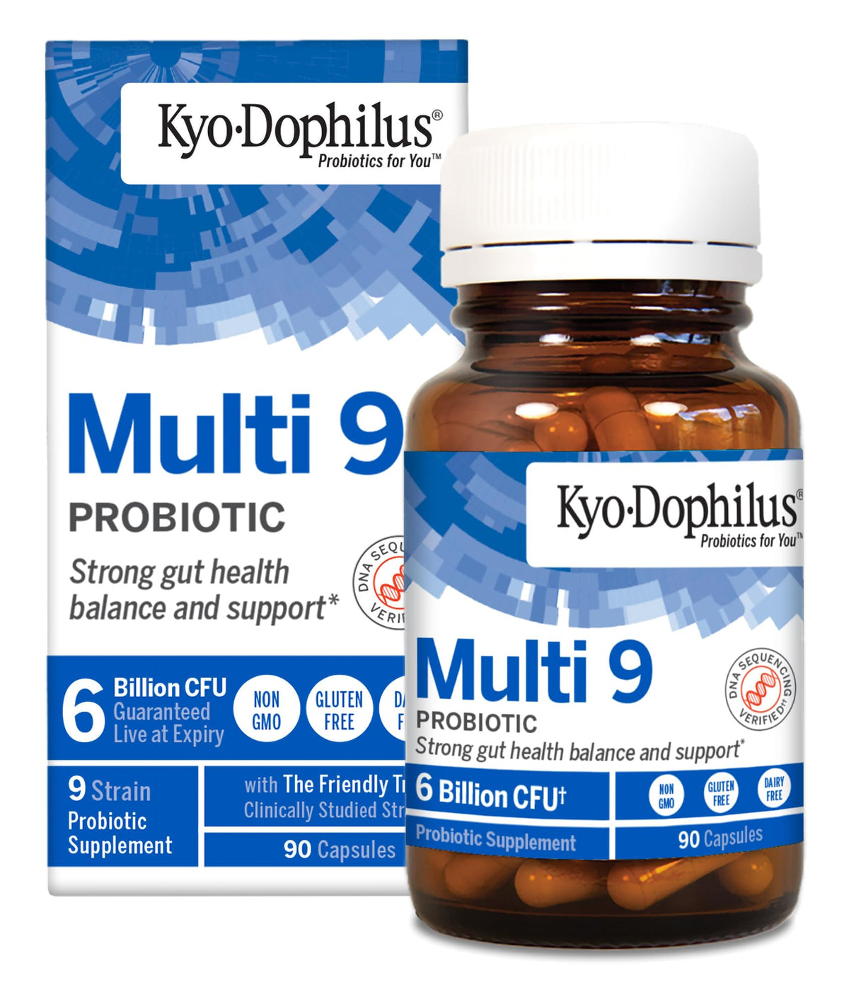 Kyolic Kyo-Dophilus Multi 9 Probiotic: bote con cápsulas para apoyo digestivo diario.