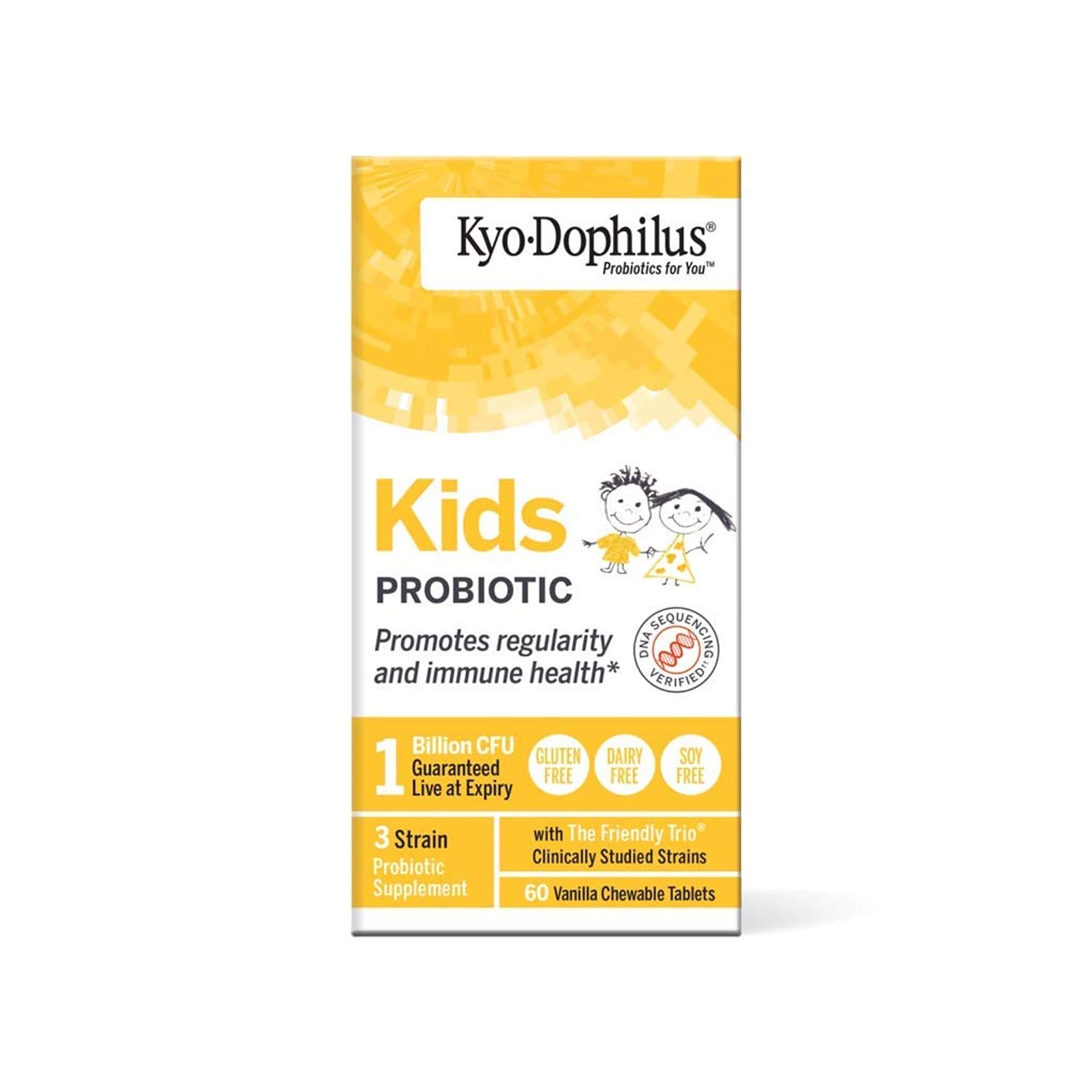 Frasco de Kyolic Kyo-Dophilus para niños, 60 tabletas, sin refrigeración.