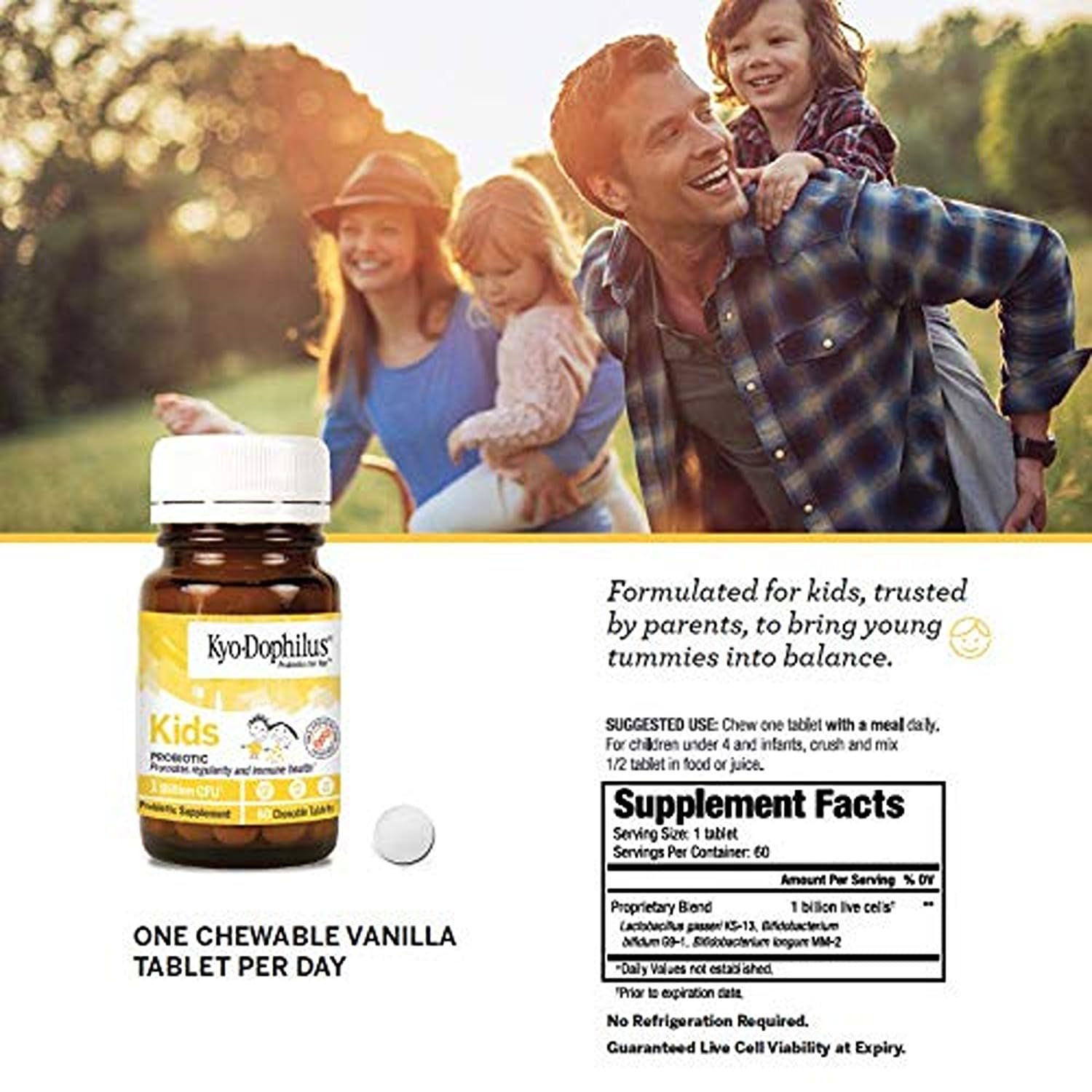 Probiotico infantil Kyolic, tabletas masticables de vainilla para niños.