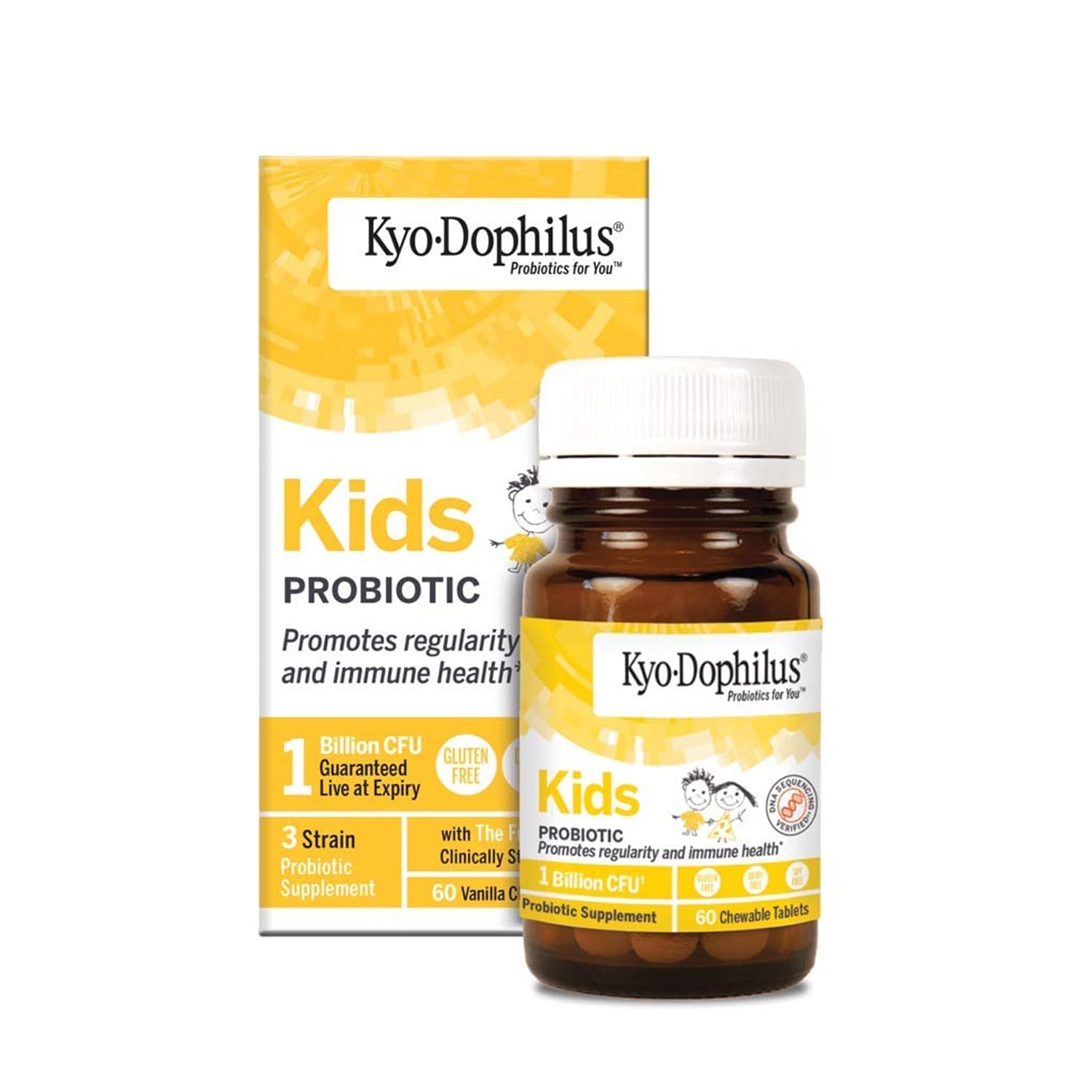 Kyolic Kyo-Dophilus para niños, tabletas sabor vainilla, apoyo a la regularidad intestinal diaria.