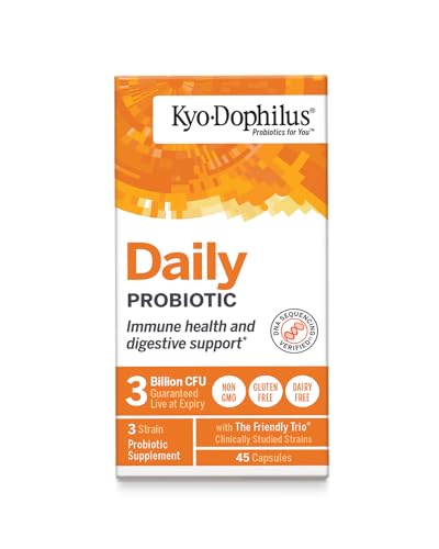 Frente del envase Kyolic Kyo-Dophilus con las tres cepas para salud intestinal