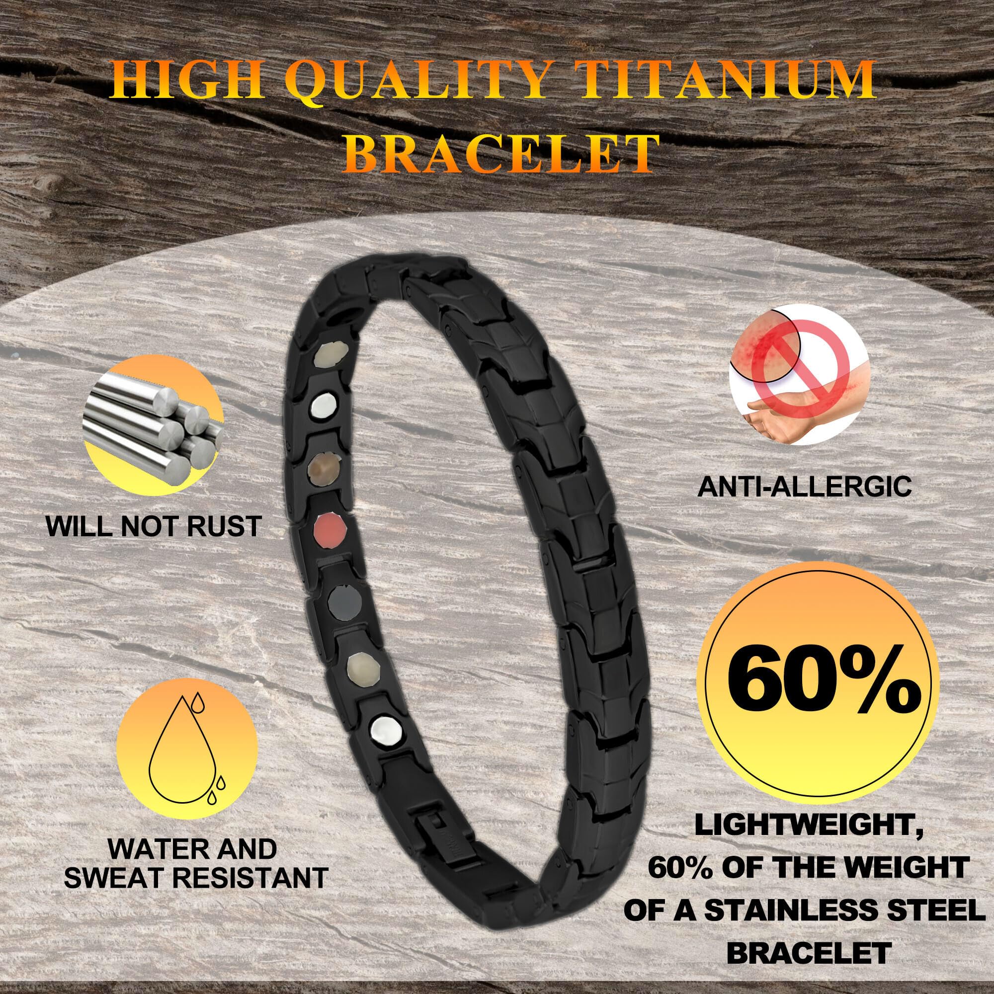 Detalle de titanio en KYOSI pulsera magnetica negro 20 cm, ligereza diaria