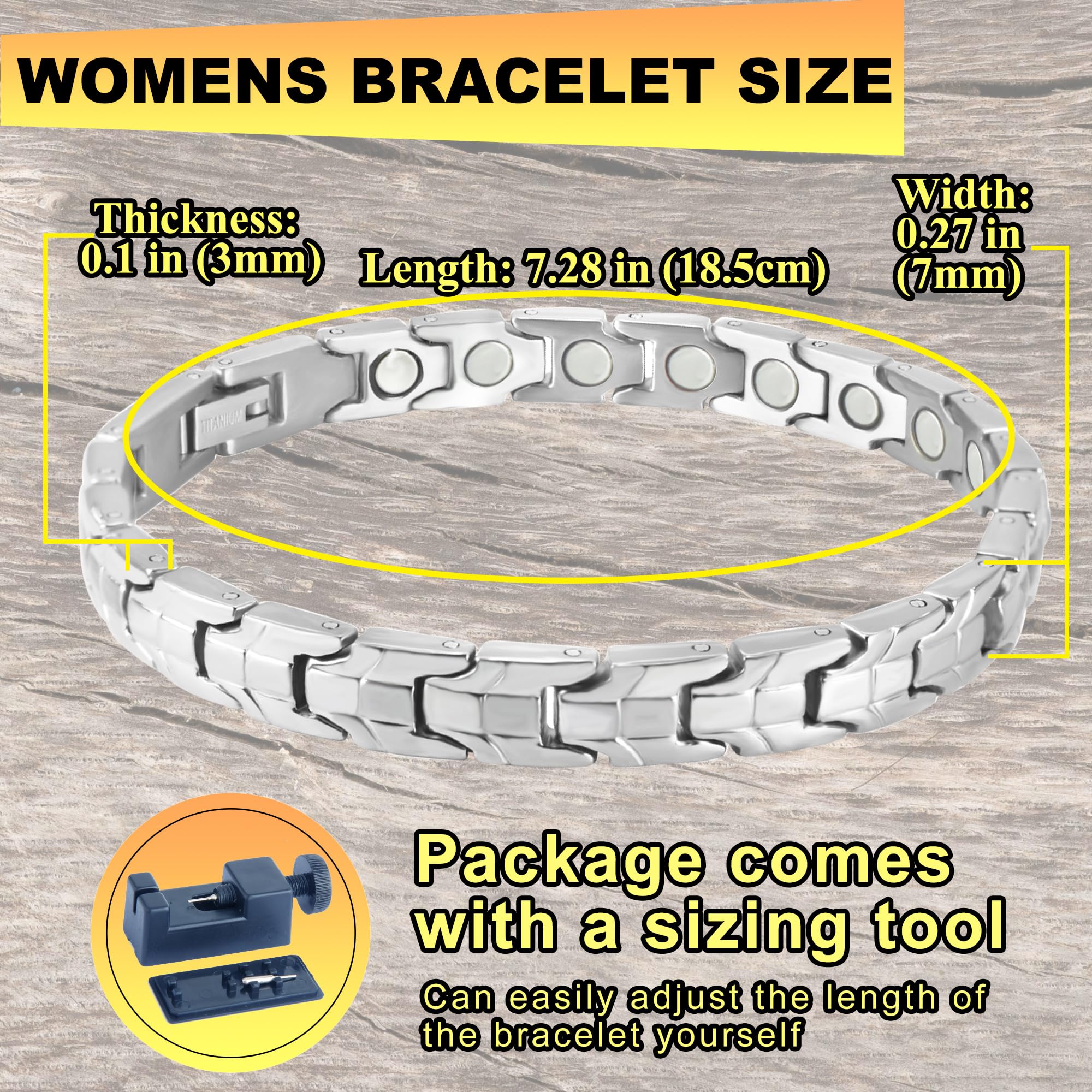 KYOSI detalle de imán 3500 gauss en pulsera titanio, enfoque en la potencia.