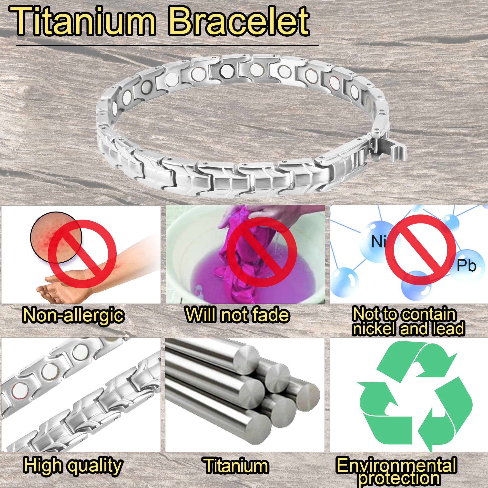 KYOSI detalle de pulsera titanio magnética, empaque regalo.