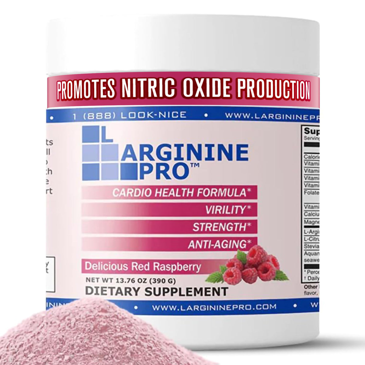 L-ARGININE PRO en bote de polvo frambuesa para energía diaria.