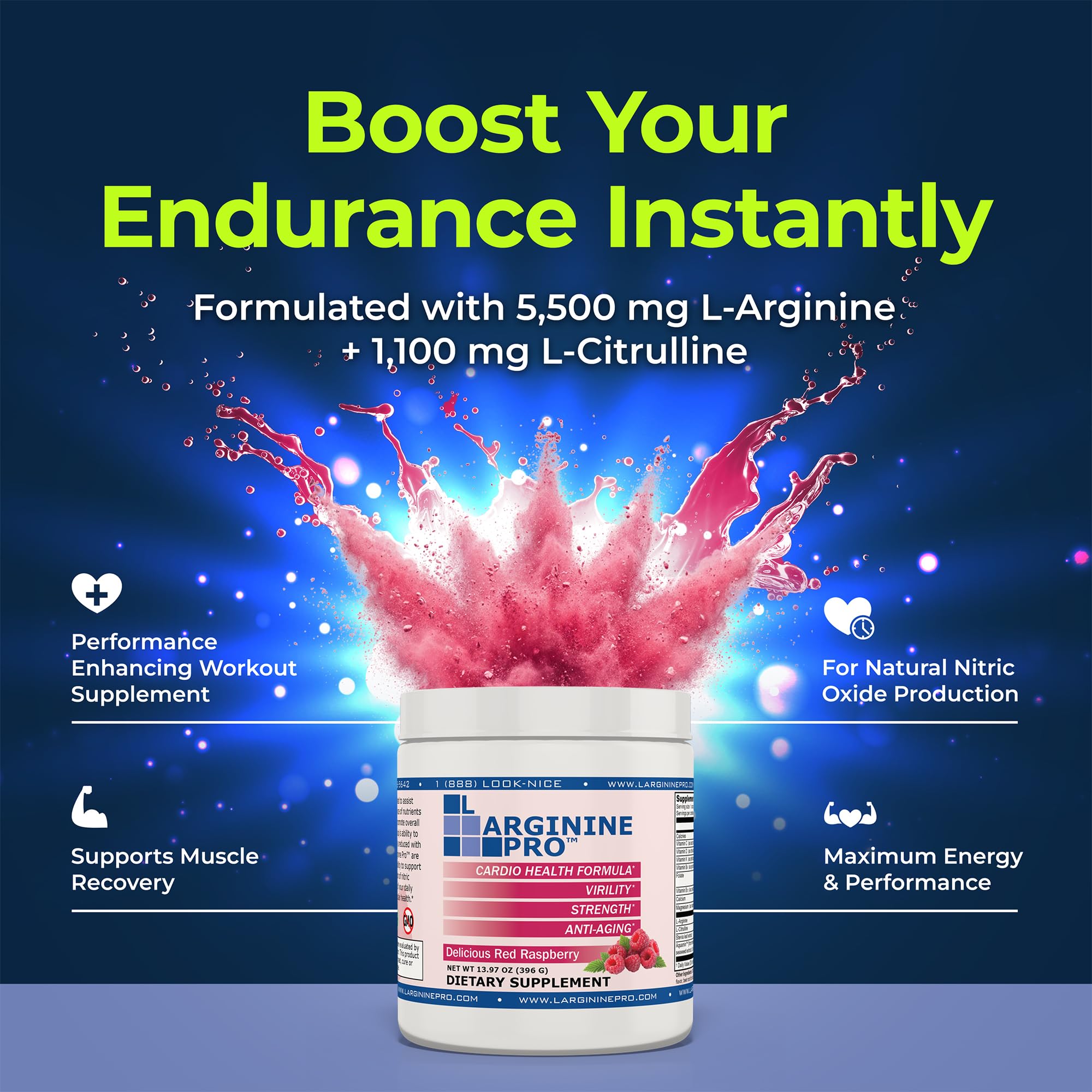 L-ARGININE PRO sabores frambuesa, uva y cítrico para variar.