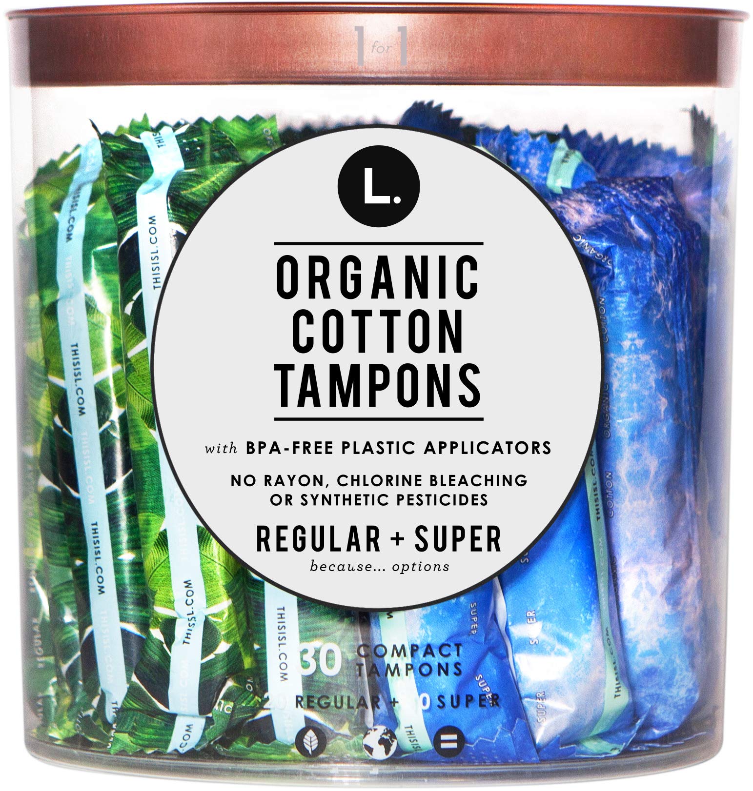 L. tampones de algodón orgánico con aplicador compacto para uso cómodo.