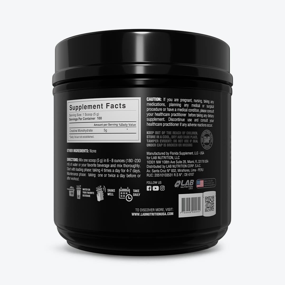 LAB NUTRITION GOL creatina micronizada 5 g, porción para entrenamientos intensos.