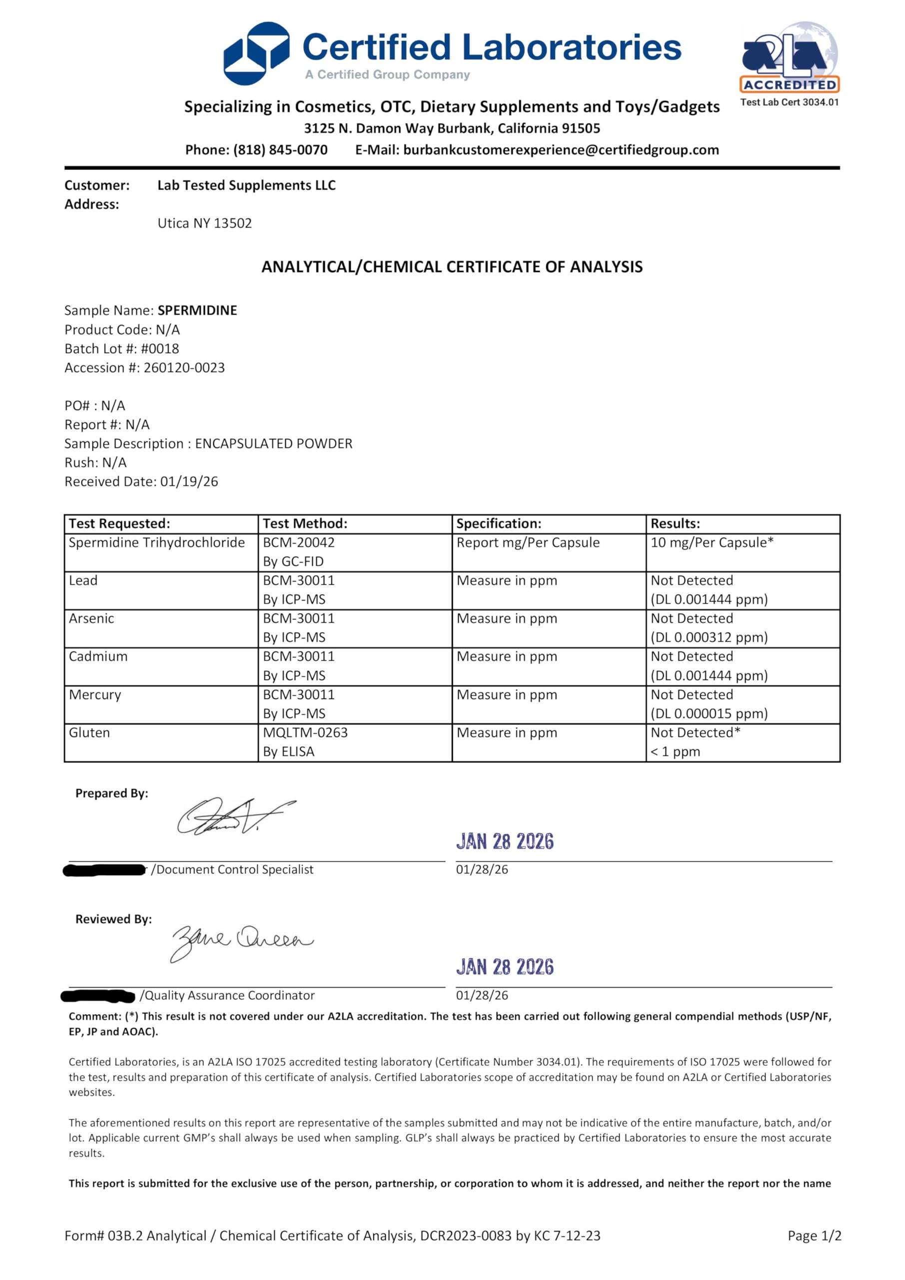 Botella Lab Tested Supplements Spermidine 3HCl: formato cómodo para uso diario