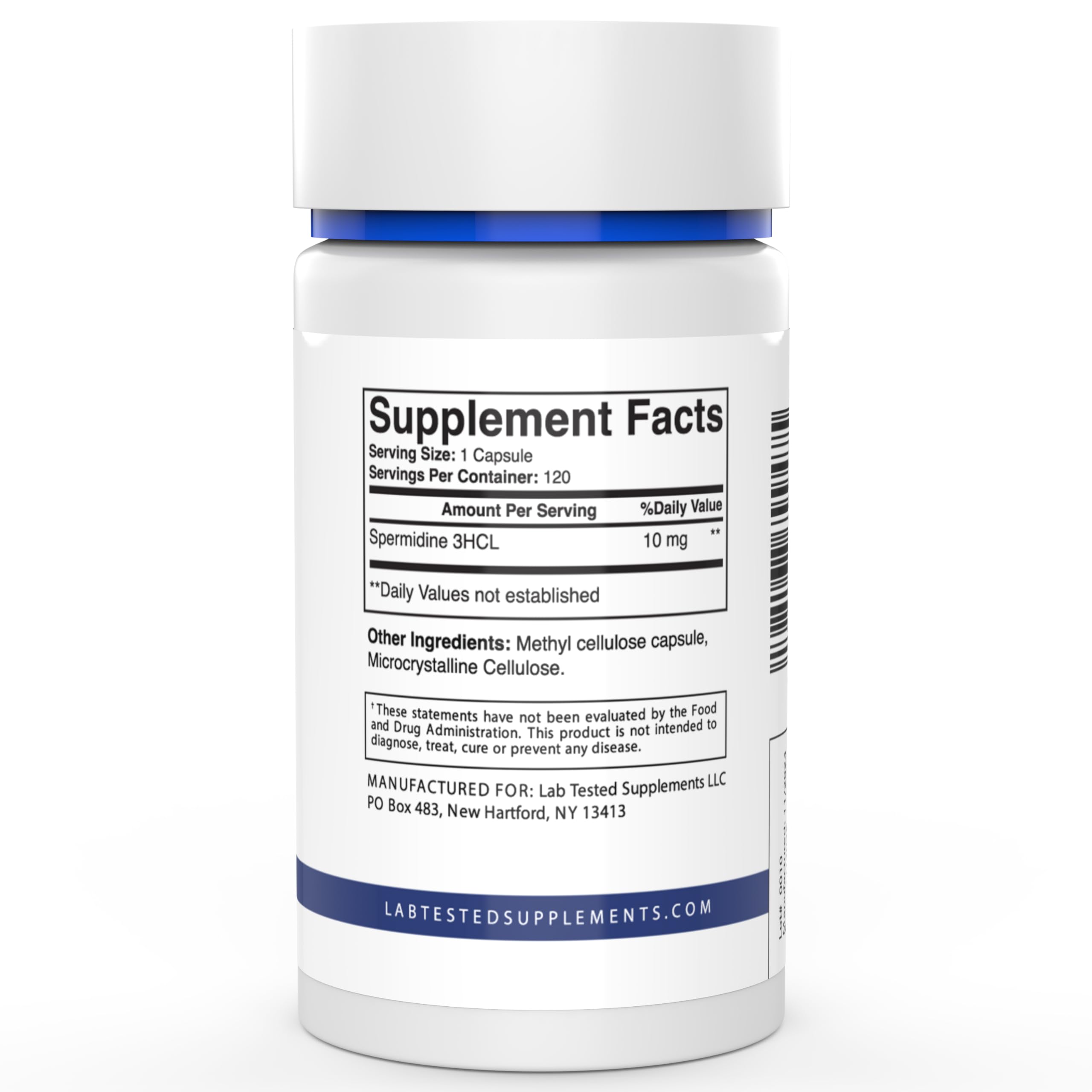 Lab Tested Supplements Spermidine 3HCl cápsulas vistas por detrás: etiqueta clara y verificación