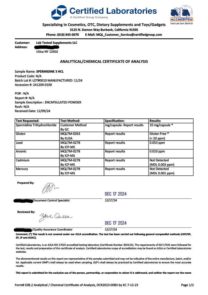 Etiqueta de ingredientes Spermidine 3HCl: listado claro para revisar alérgenos