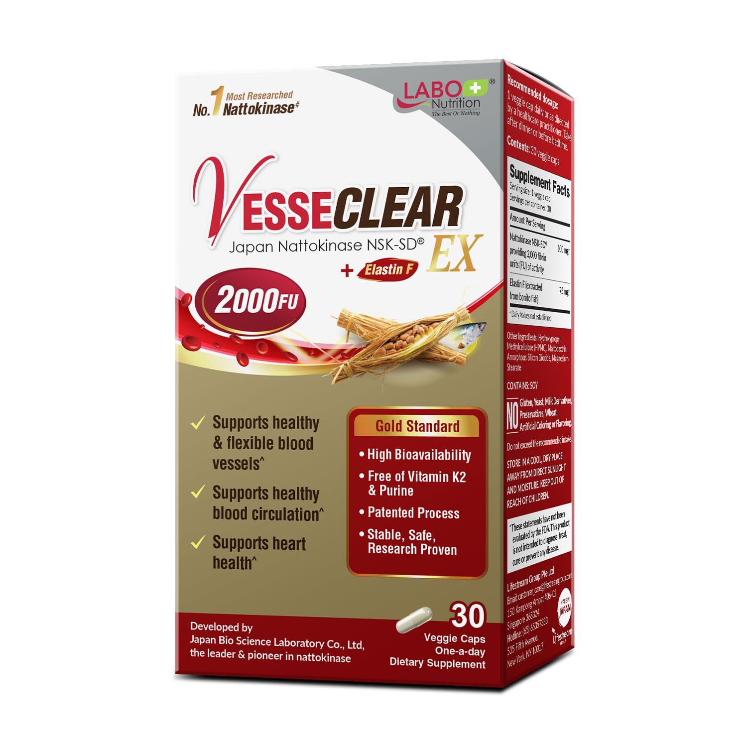 LABO Nutrition VesseCLEAR EX cápsula nattokinase NSK-SD para soporte de circulación suave