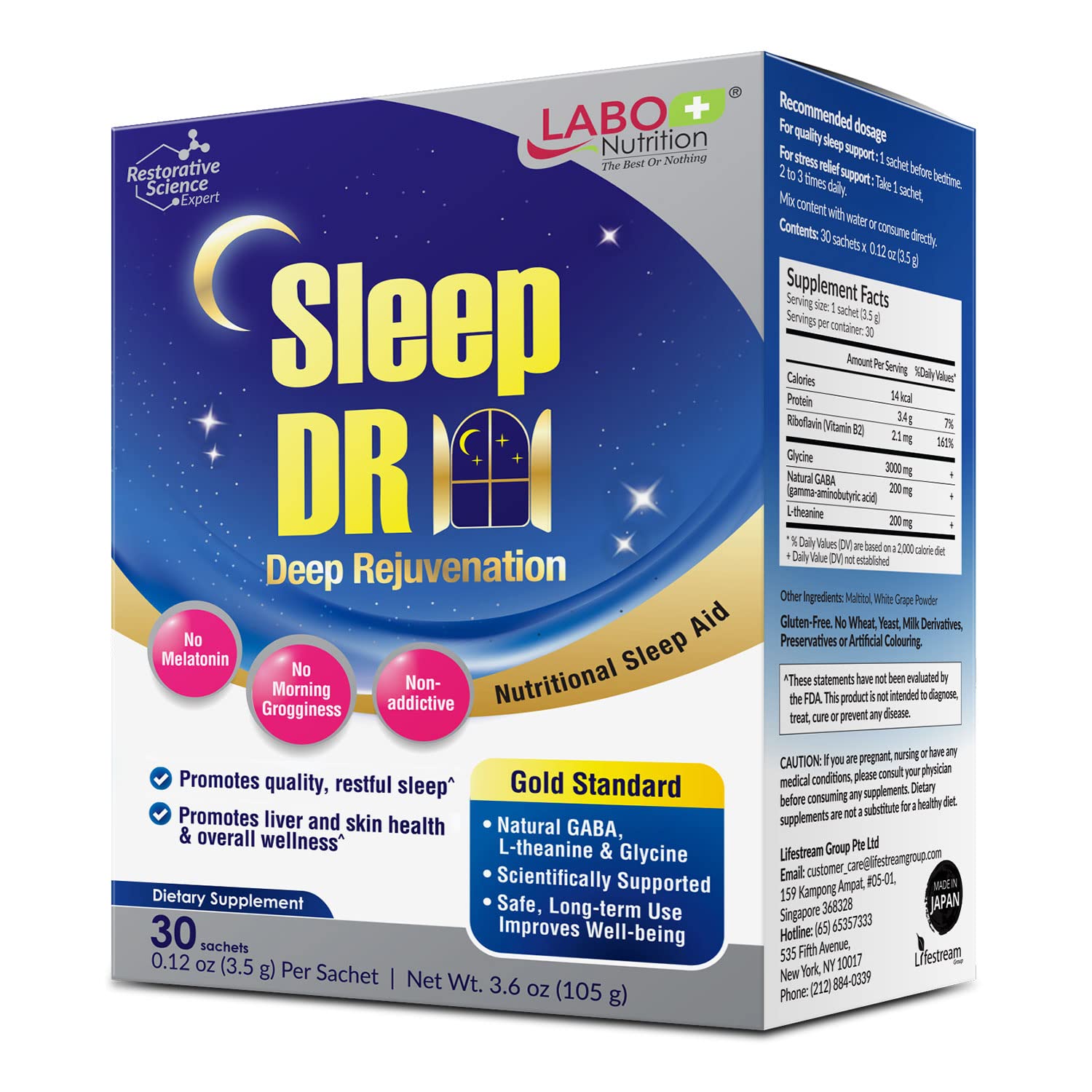 LABO Nutrition Sleep DR, bote frontal, apoyo para una noche más tranquila.