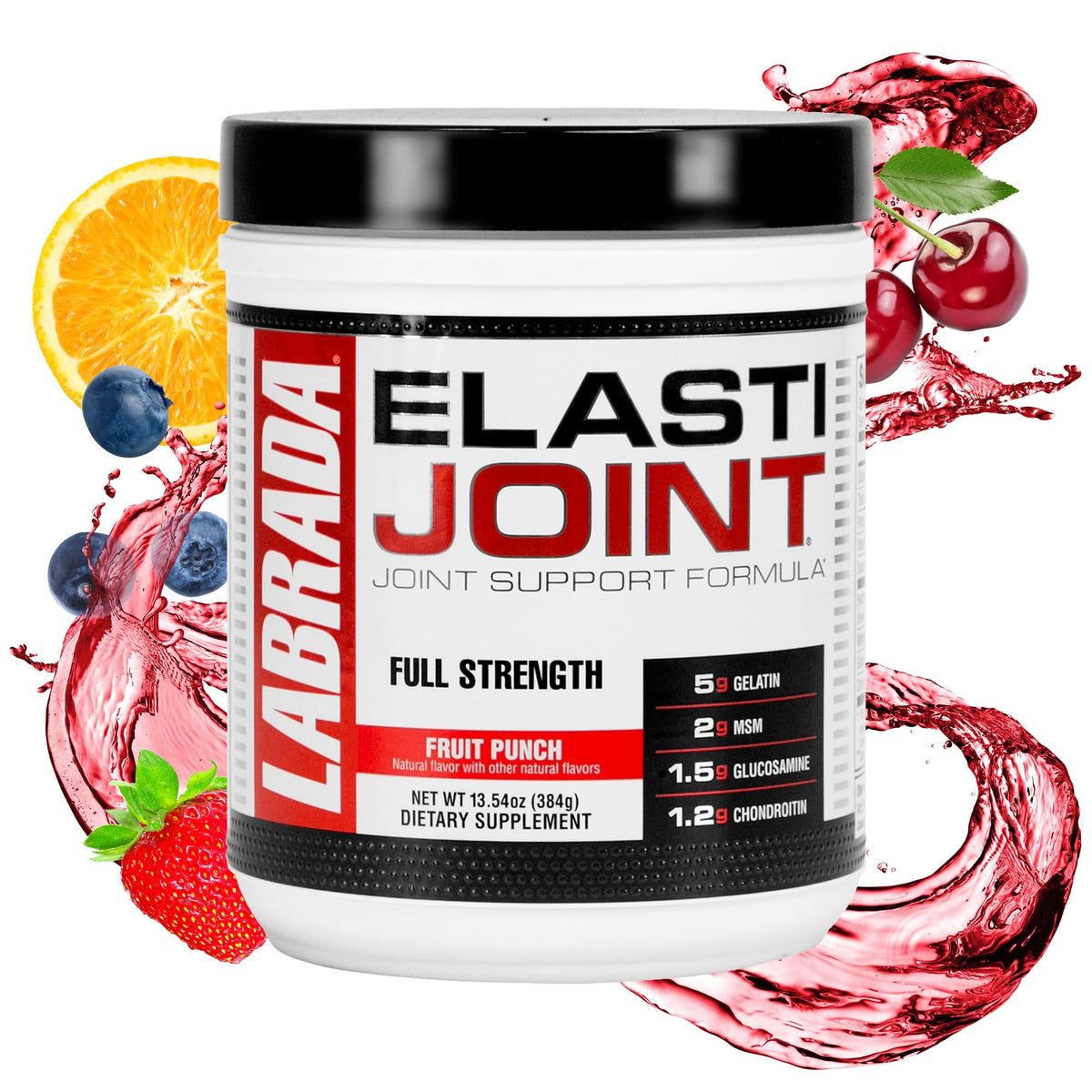 Labrada Elastijoint polvo-fruta-punch en envase, apoyo diario a la movilidad.