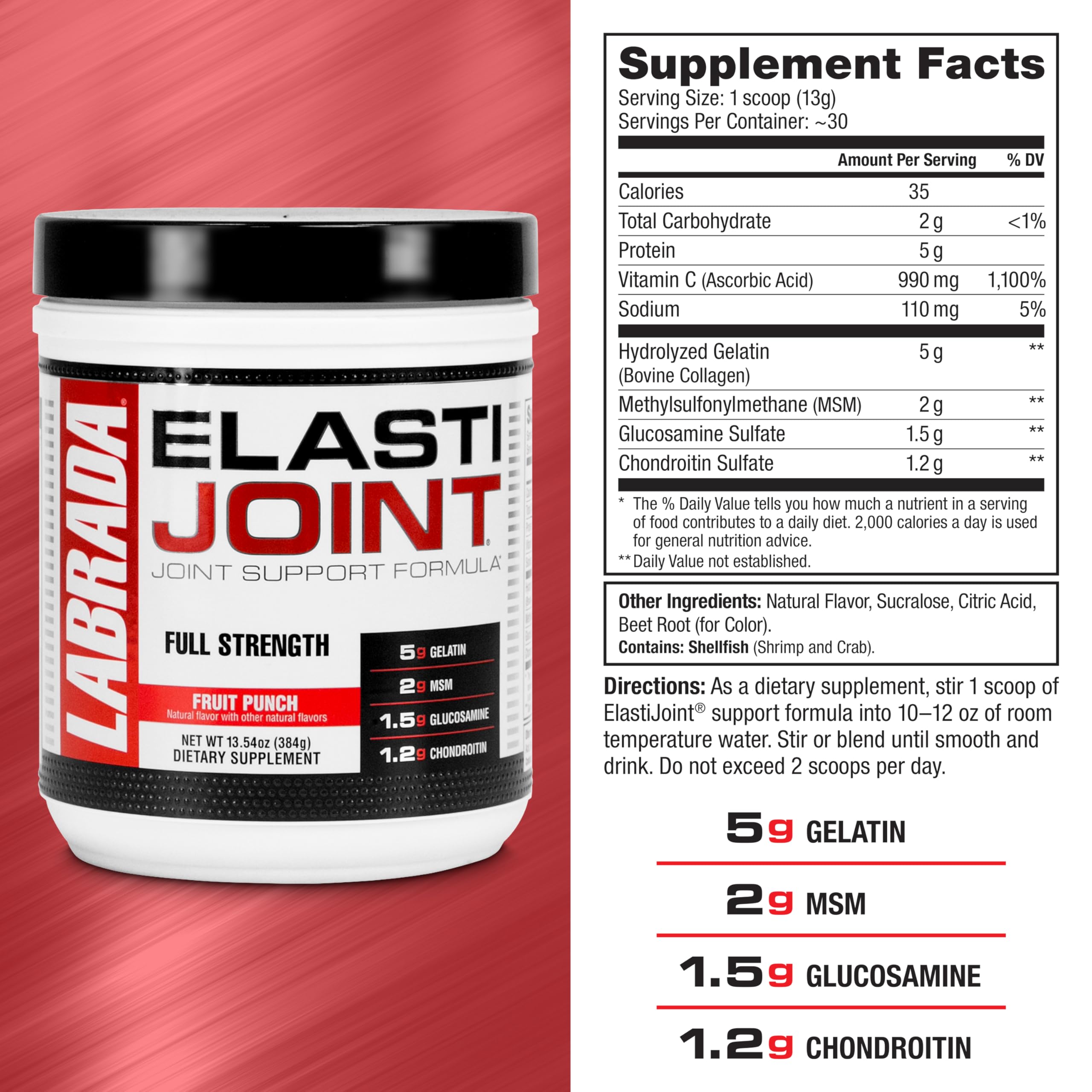 Labrada Elastijoint polvo-fruta-punch, experiencia sensorial suave al disolver.