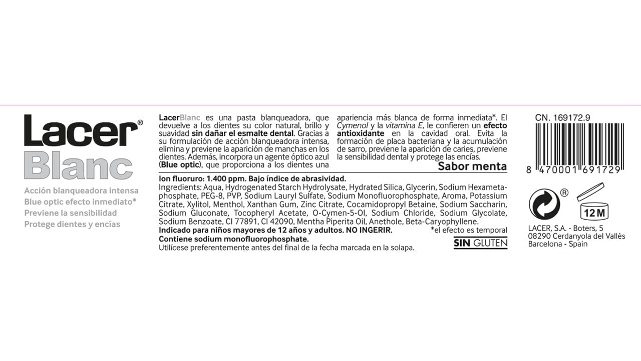 Pasta dental Lacer Blanc Plus sabor menta para uso diario