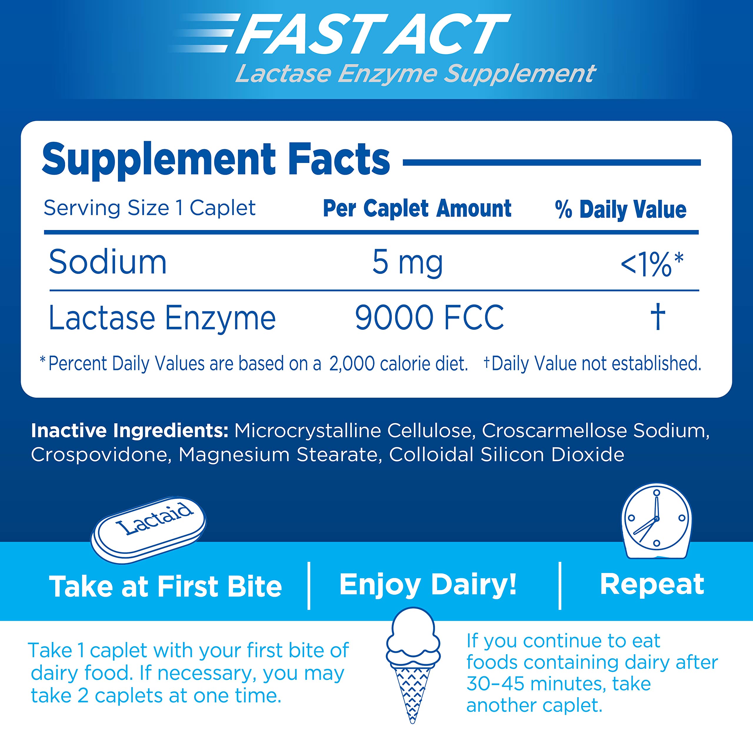 Caplets para adultos y niños desde 4 años de Lactaid Fast Act.