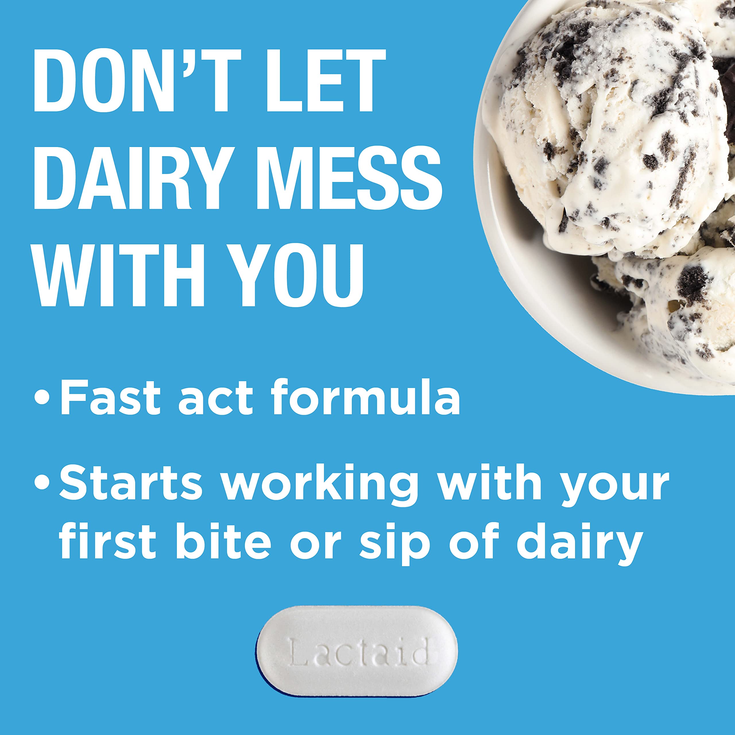Lactaid Fast Act caplets en envase para consumir con primer bocado.