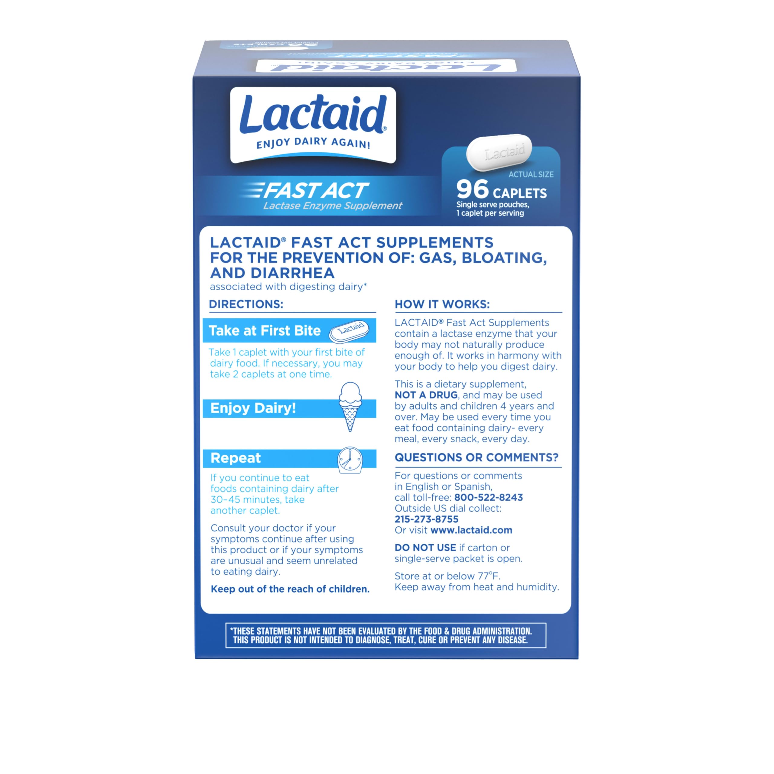 Paquete discreto de Lactaid Fast Act para viajar.