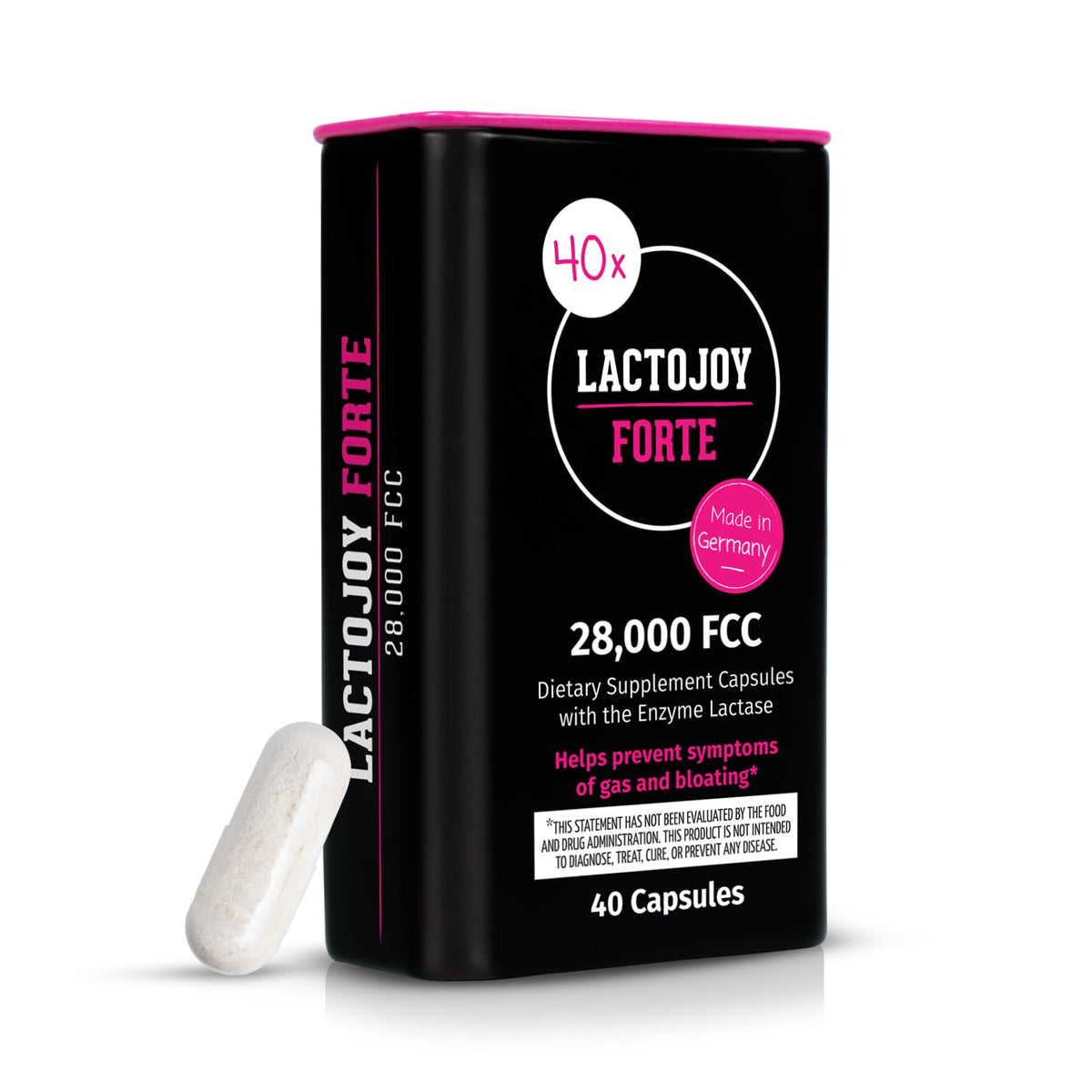 LactoJoy Forte en botella: protección duradera para comidas prolongadas.