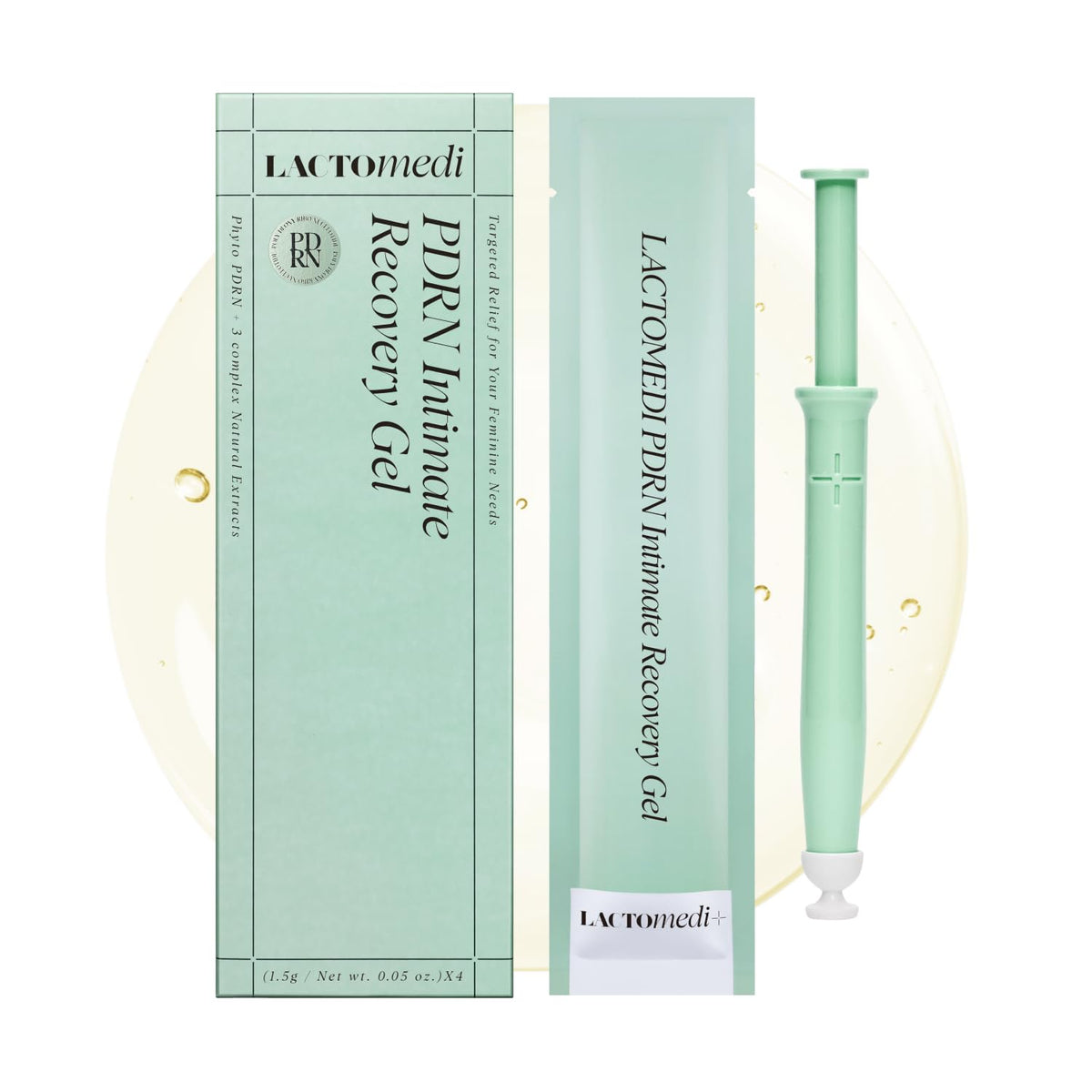 Lactomedi gel íntimo PDRN, enfoque en empaque, mejora elasticidad y confort.