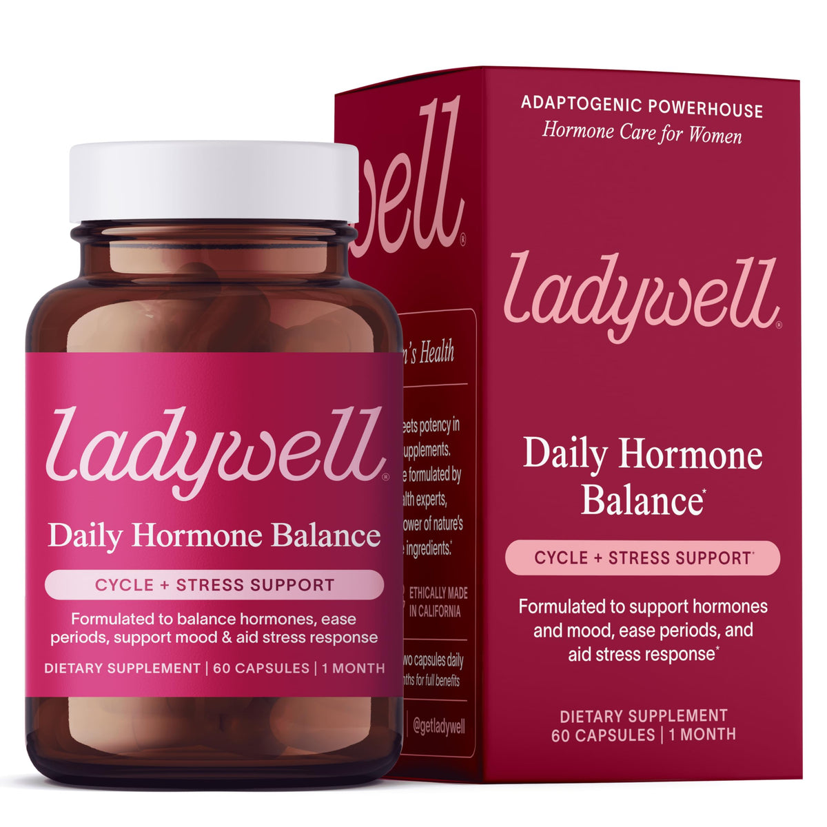 Ladywell Balance cápsulas en botella para apoyo hormonal diario.