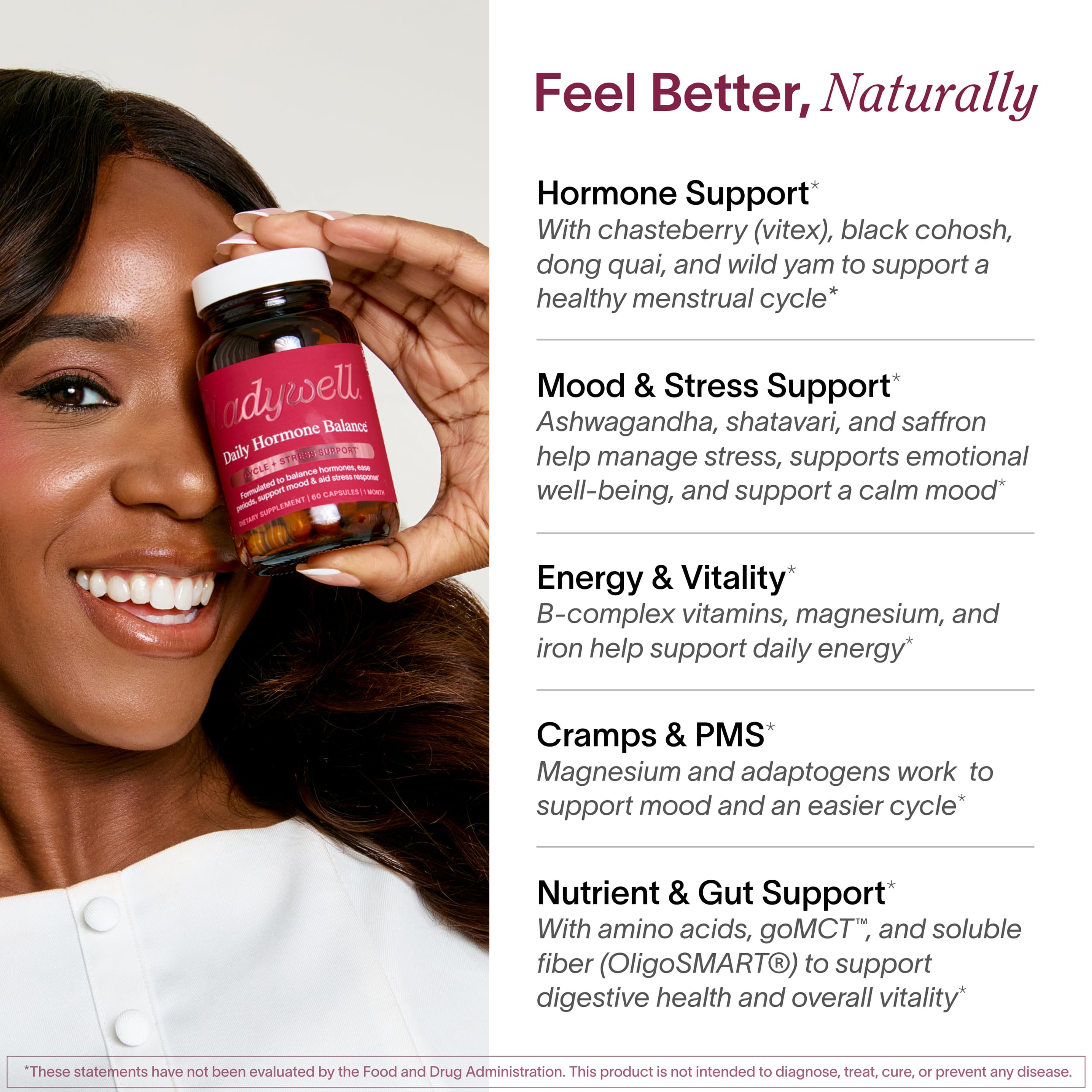 Ladywell Balance: etiqueta frontal clara con información de ingredientes.