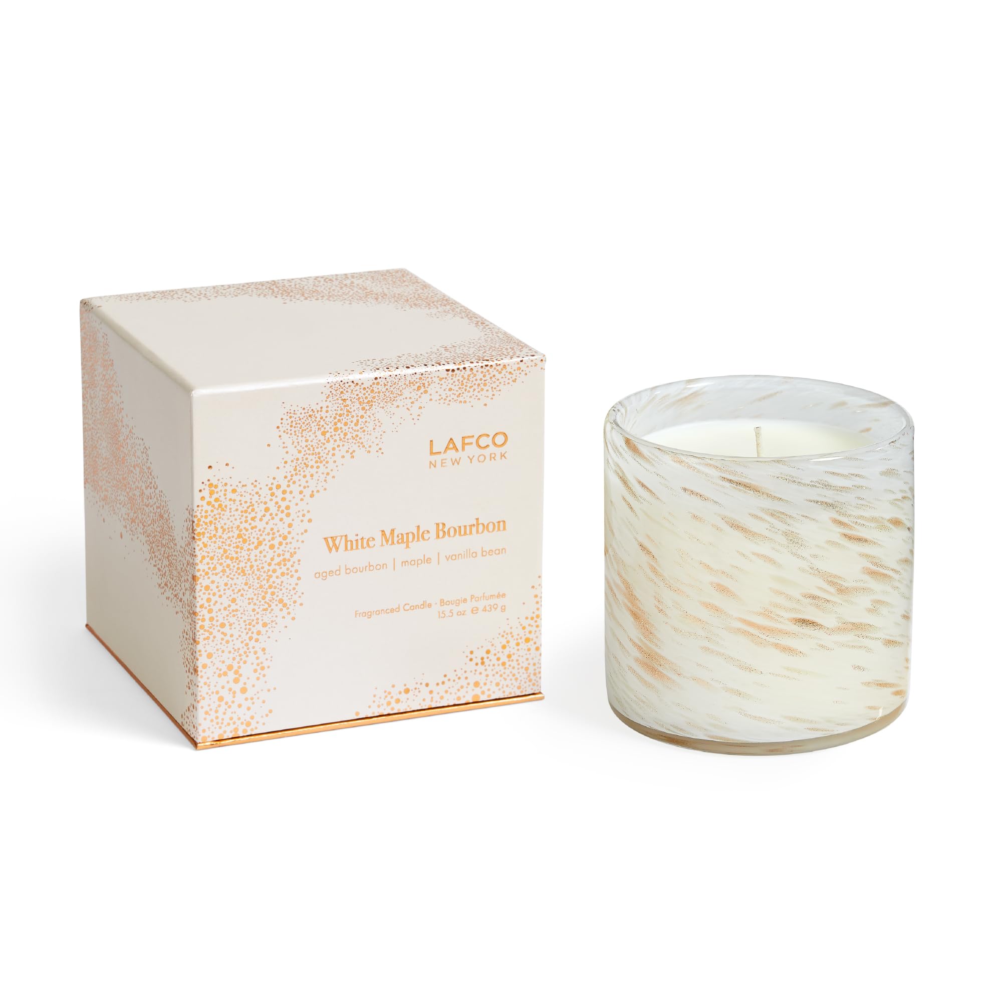 Vela LAFCO New York con vaso soplado a mano y aroma bourbon suave.