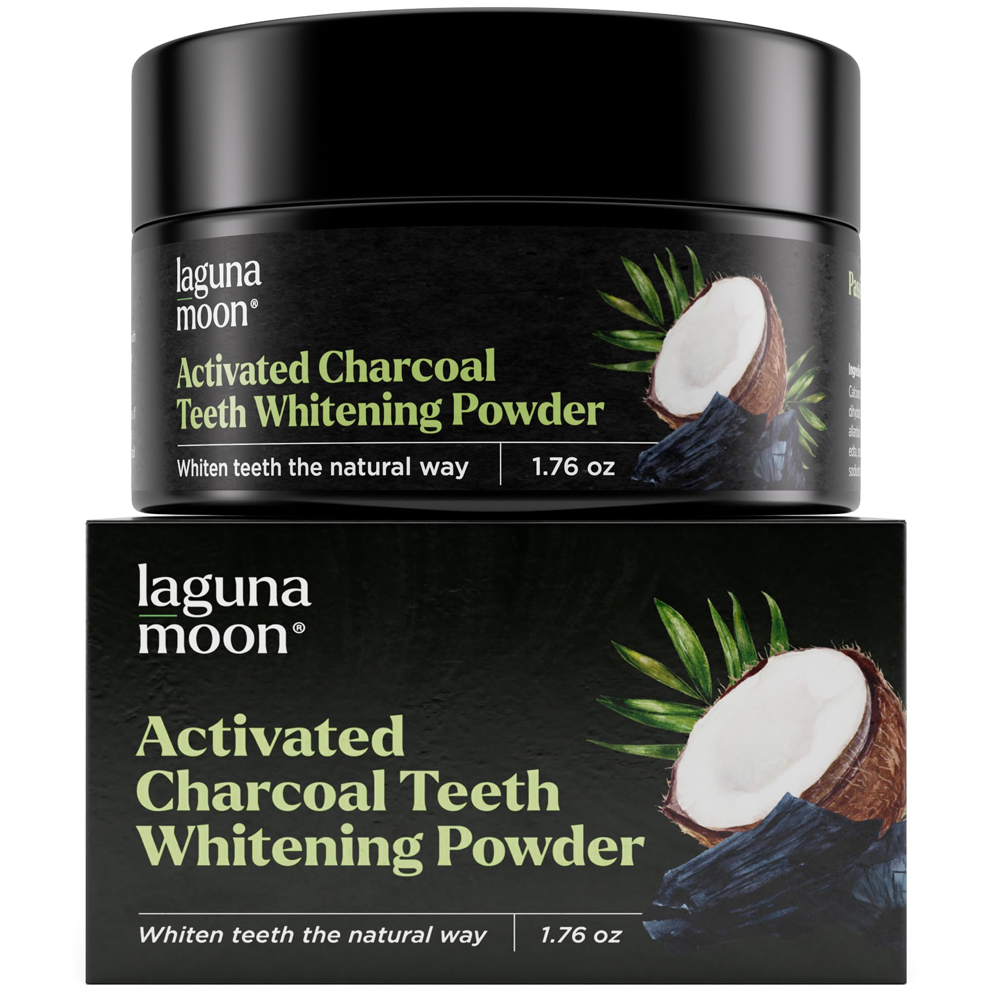LagunaMoon Polvo de carbón activado para dientes, limpieza suave y brillo natural.