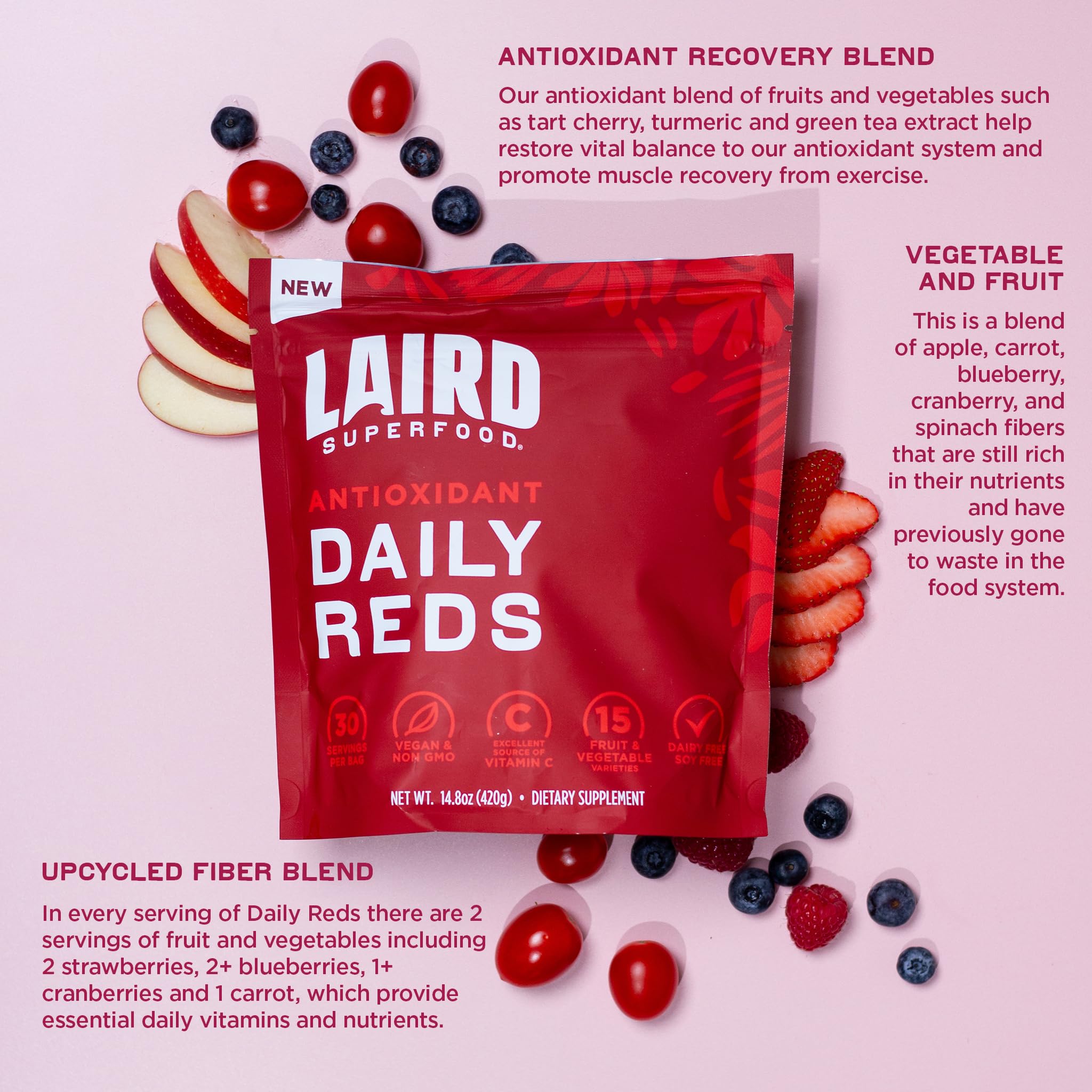 Frutas y verduras visibles en Daily Reds de Laird para batido nutritivo.