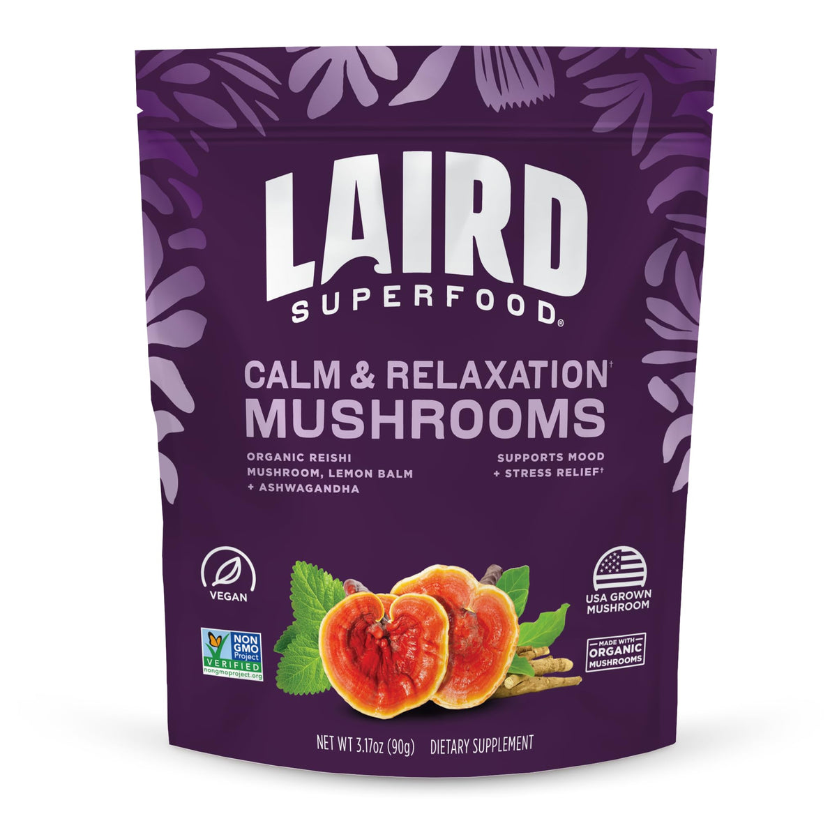 Laird Superfood Calma y Relajación en bolsa de 3.17 onzas para uso diario.