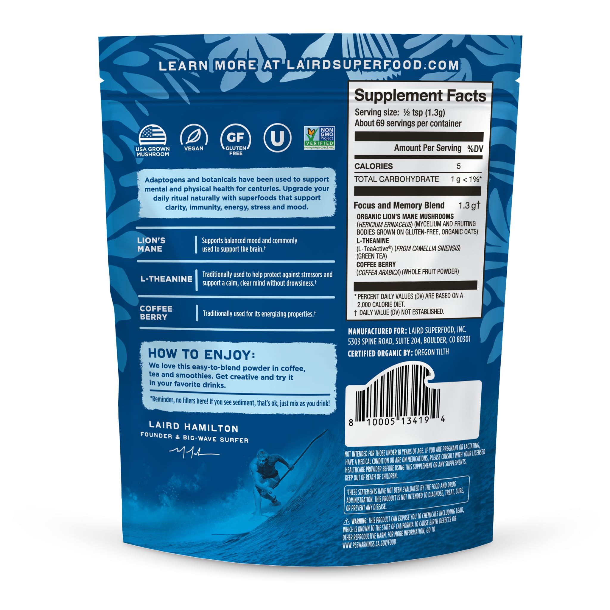 Laird Superfood frasco mezcla orgánica foco cafe energía sostenida