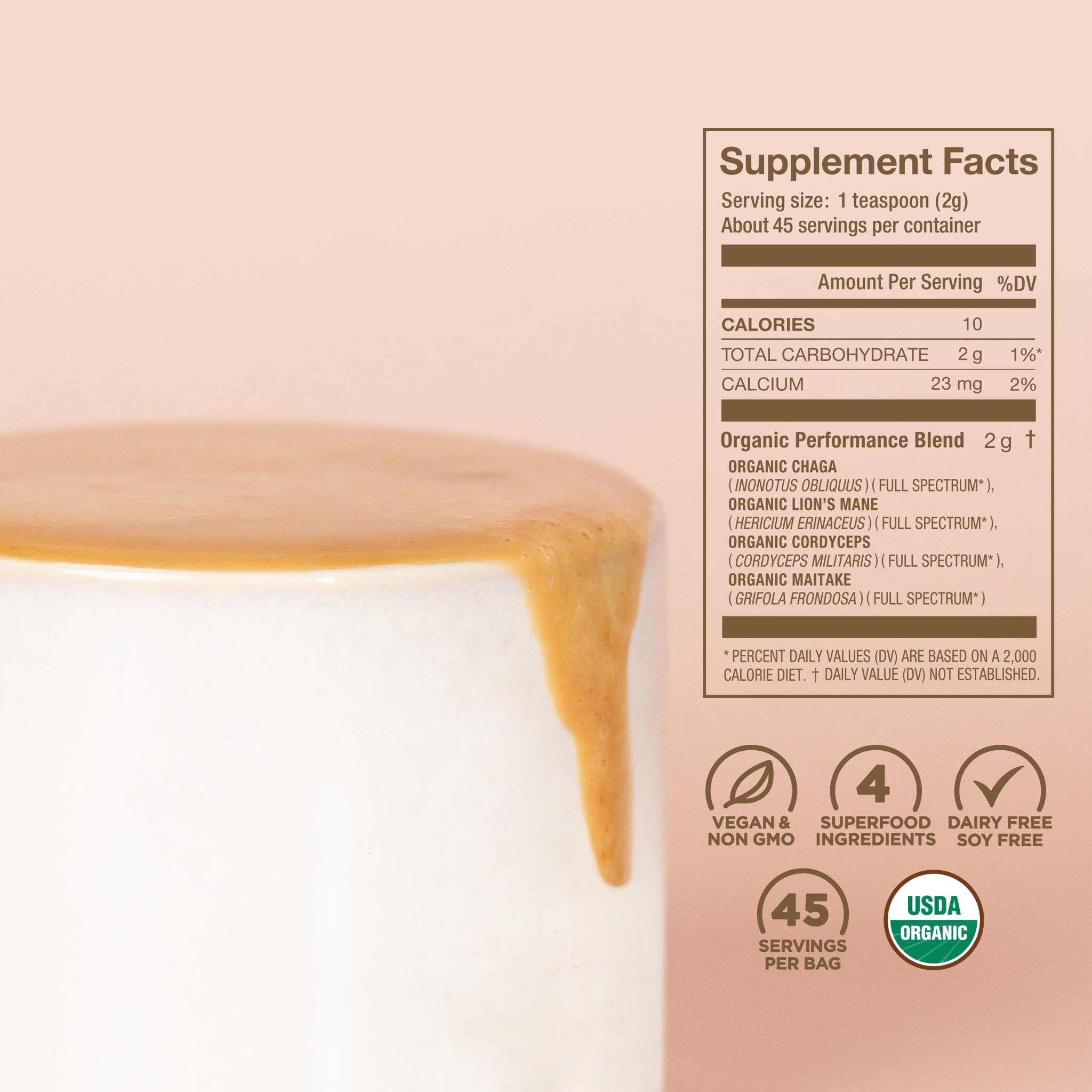 Laird Superfood: imagen de Chaga, Cordyceps, Melena de León y Maitake para vitalidad.