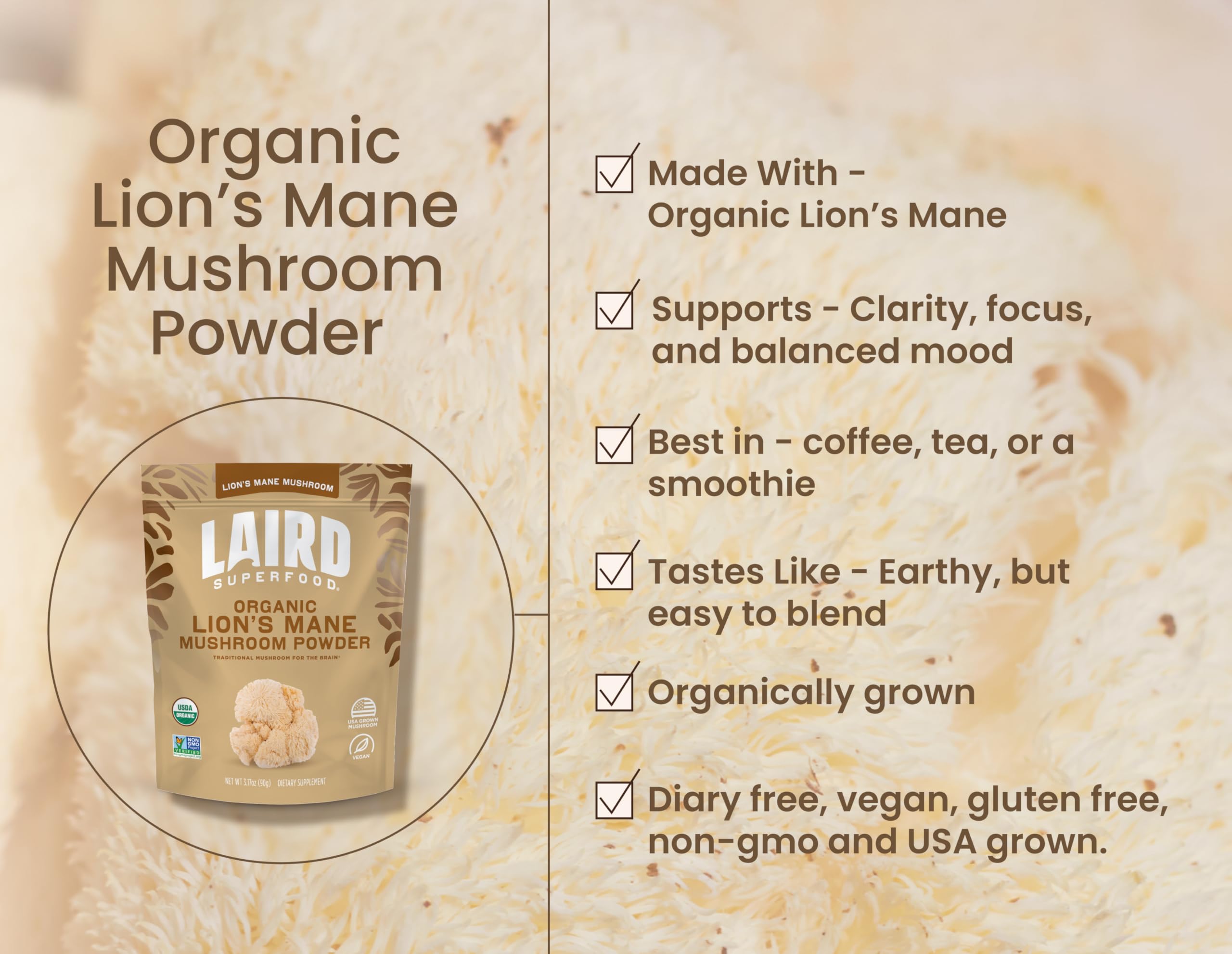 Laird Superfood Melena de León en polvo, perfecto para té o batidos