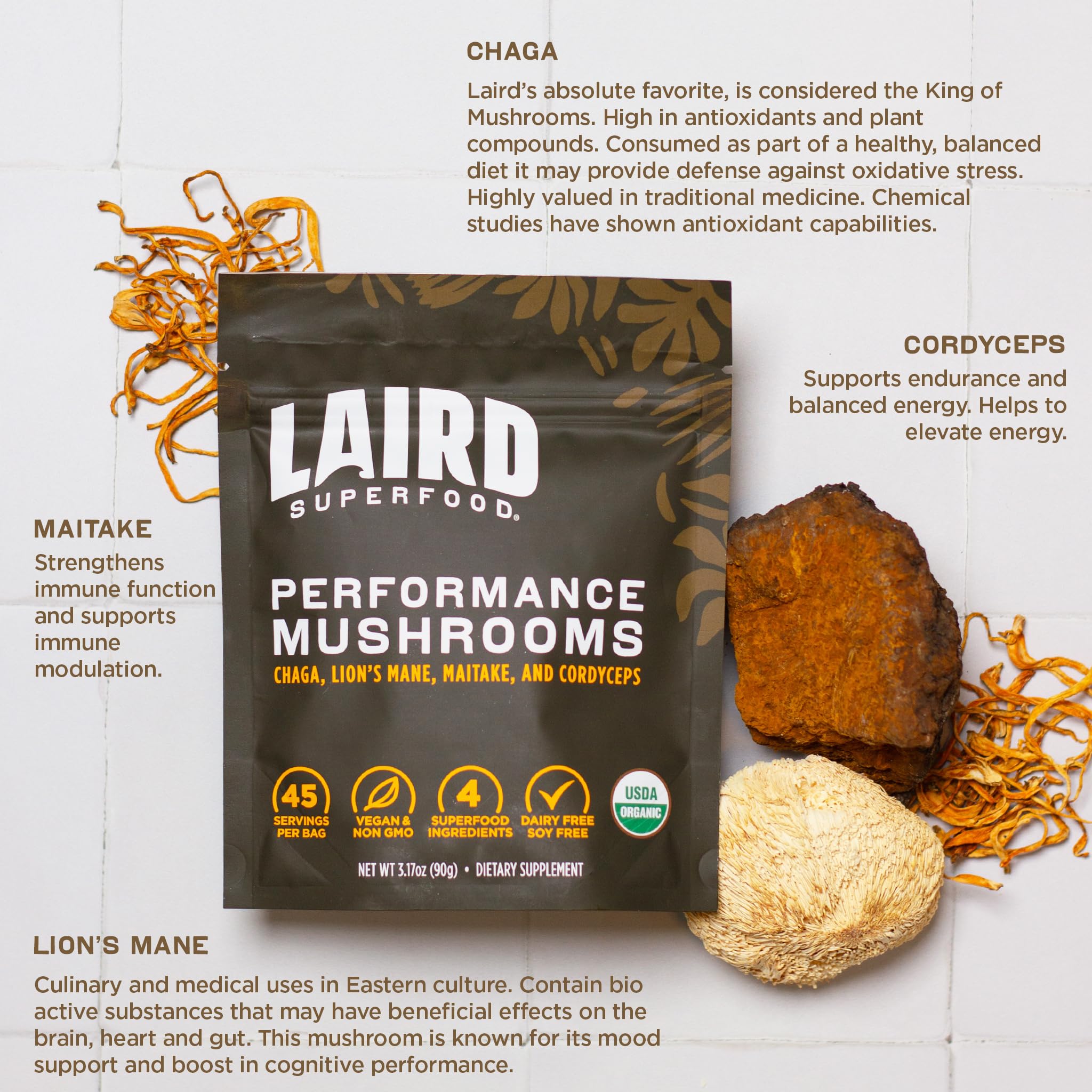 Laird Superfood: primer plano del micelio cultivado sobre avena orgánica.