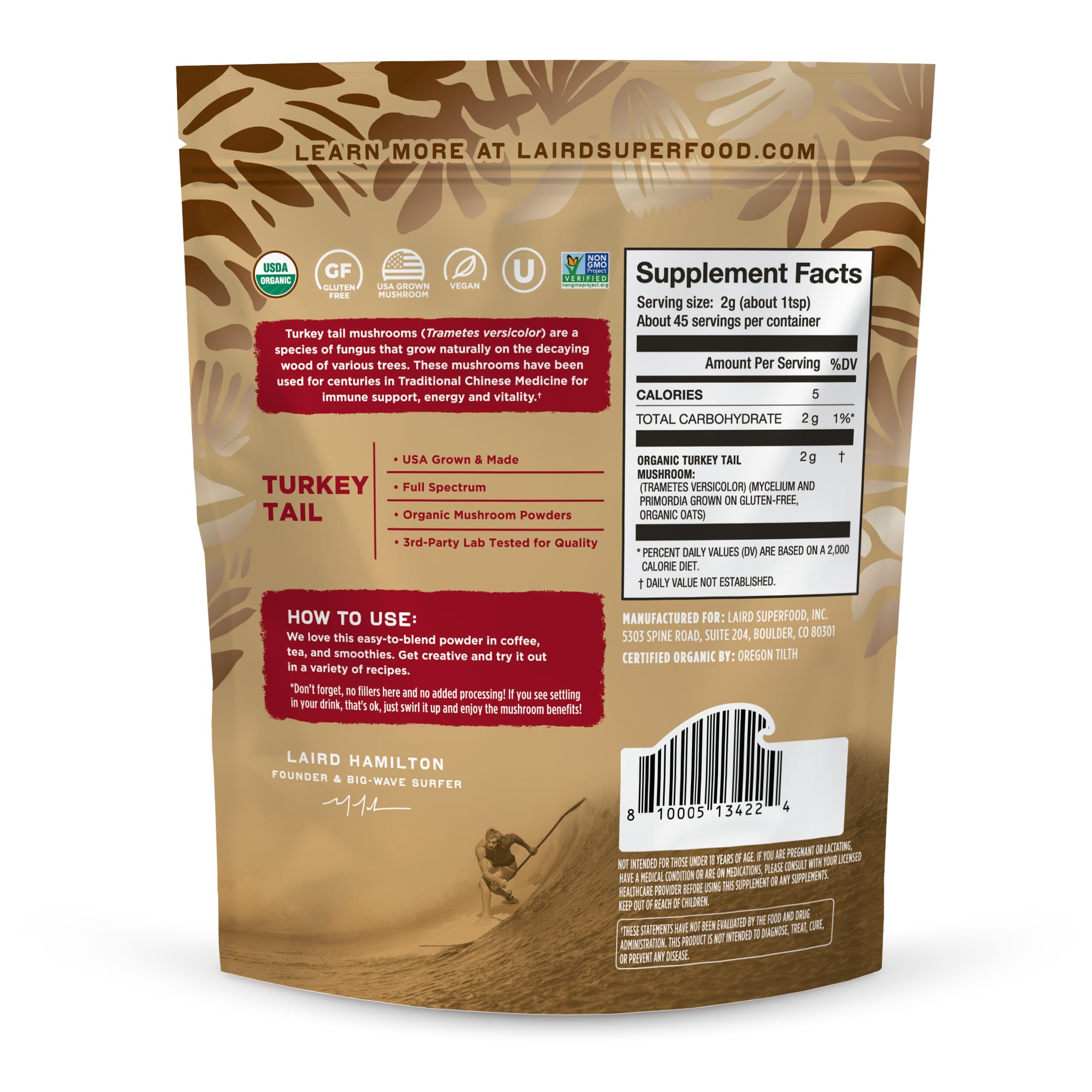 Laird Superfood polvo hongo cola de pavo disuelto en bebida, perfecta para café o batidos.