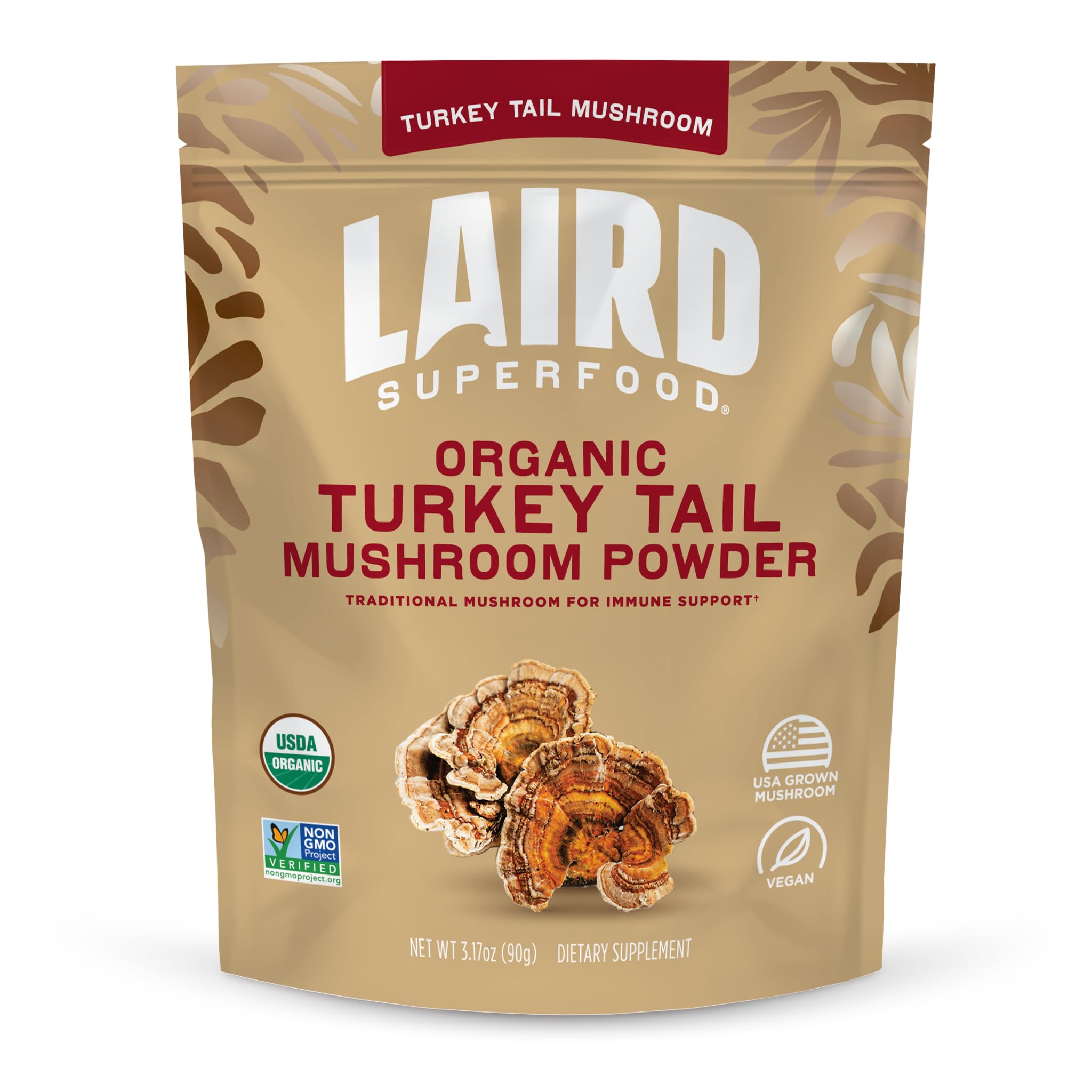 Polvo hongo cola de pavo de Laird Superfood en bolsa, ideal para vitalidad diaria.