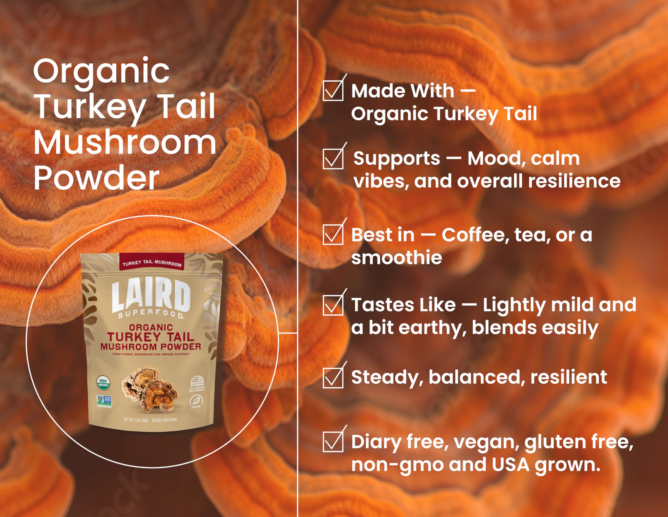 Polvo hongo cola de pavo de Laird Superfood listo para añadir a recetas, favorece la vitalidad.