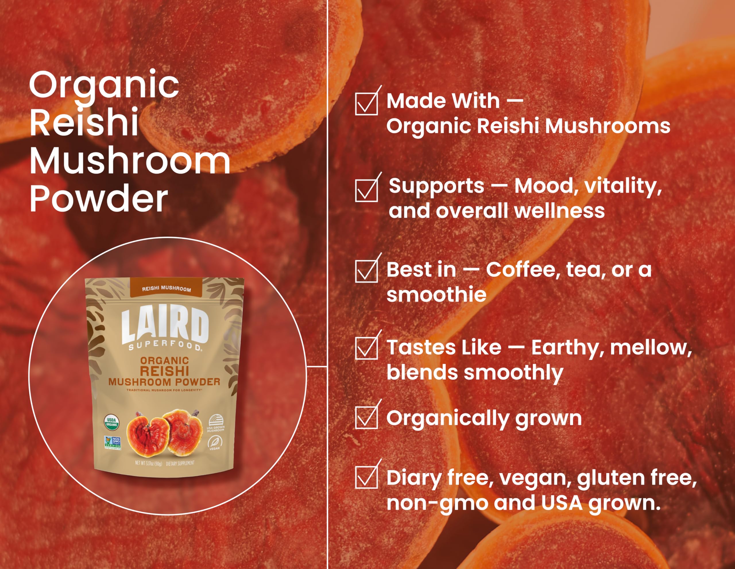 Envase de Laird Superfood Reishi para consumo diario y antioxidantes.