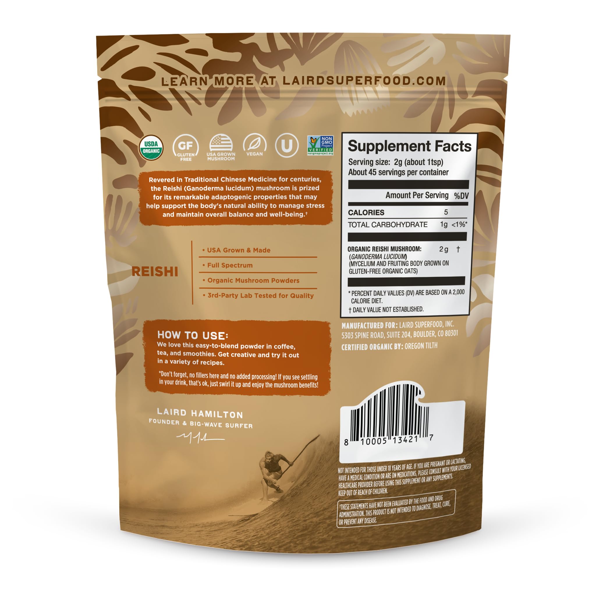 Laird Superfood Reishi para preparación de té, ideal para relajación suave.