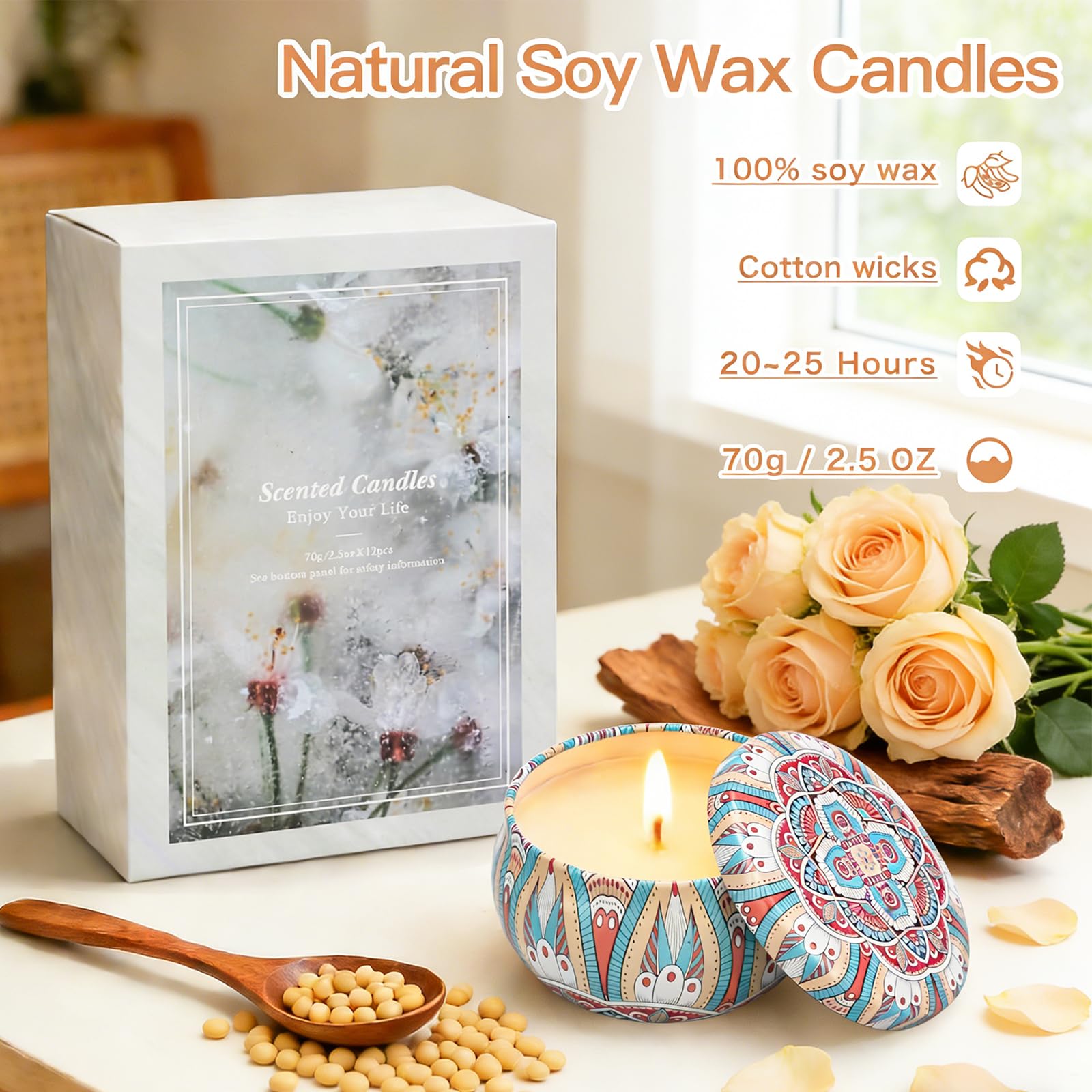 Velas LAJDL de soja en lata decorativa para un comedor acogedor