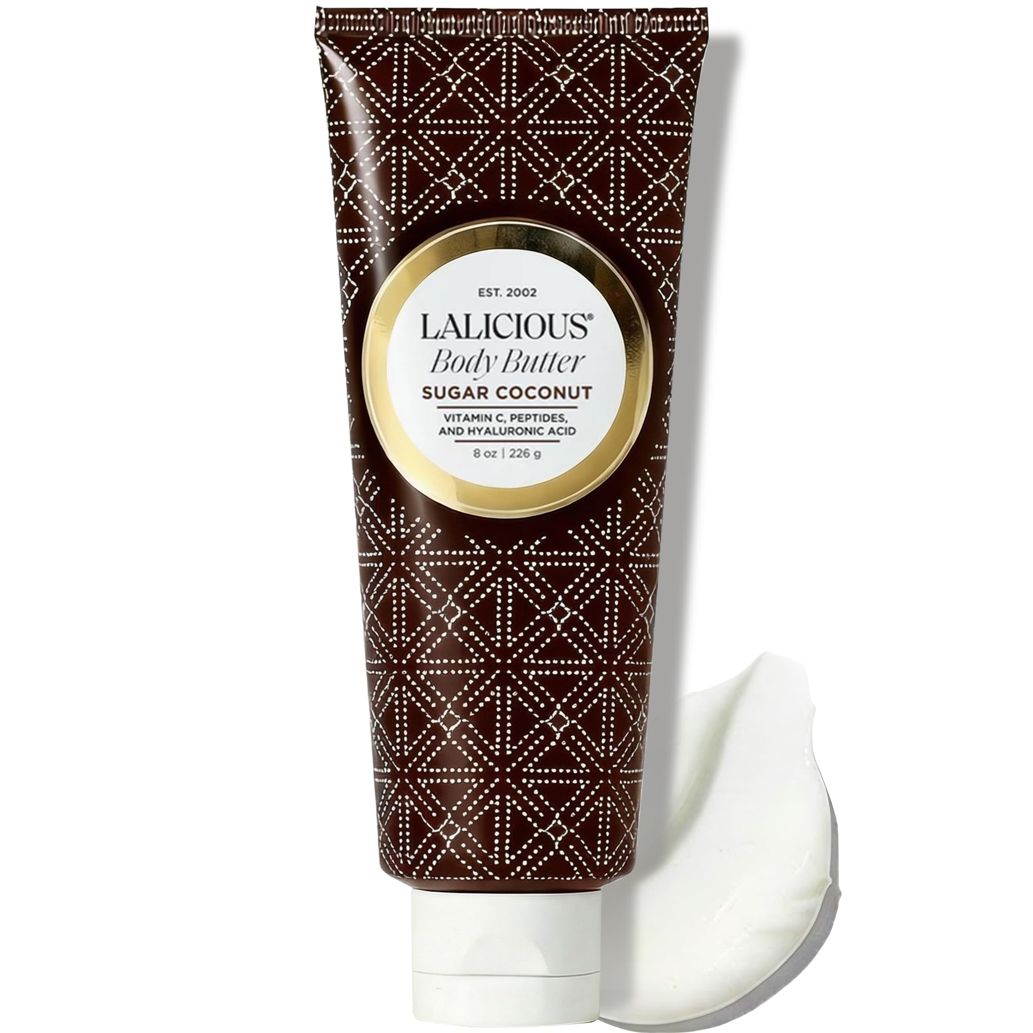 LaLicious Sugar Coconut Body Butter muestra textura cremosa para hidratación profunda y piel suave.