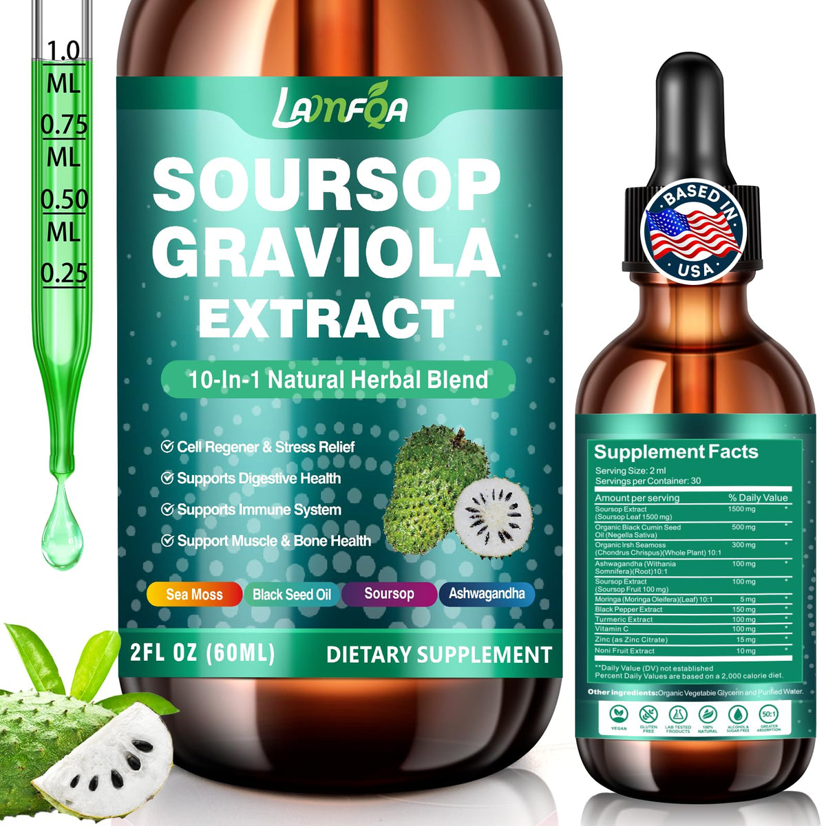 LAMFQA Soursop Bitters: botella visible, fórmula 10 en 1 para bienestar diario.