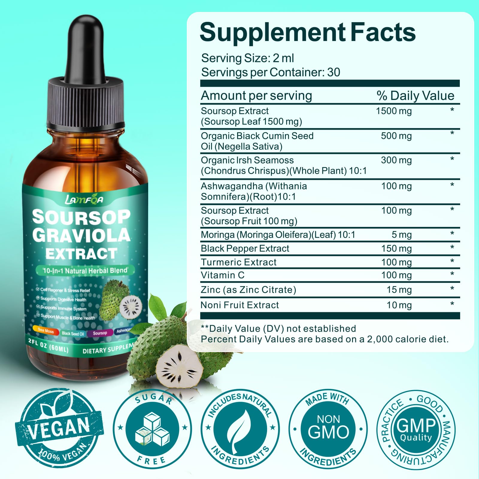 LAMFQA Soursop Bitters: hoja de soursop destacada para resaltar su origen natural.