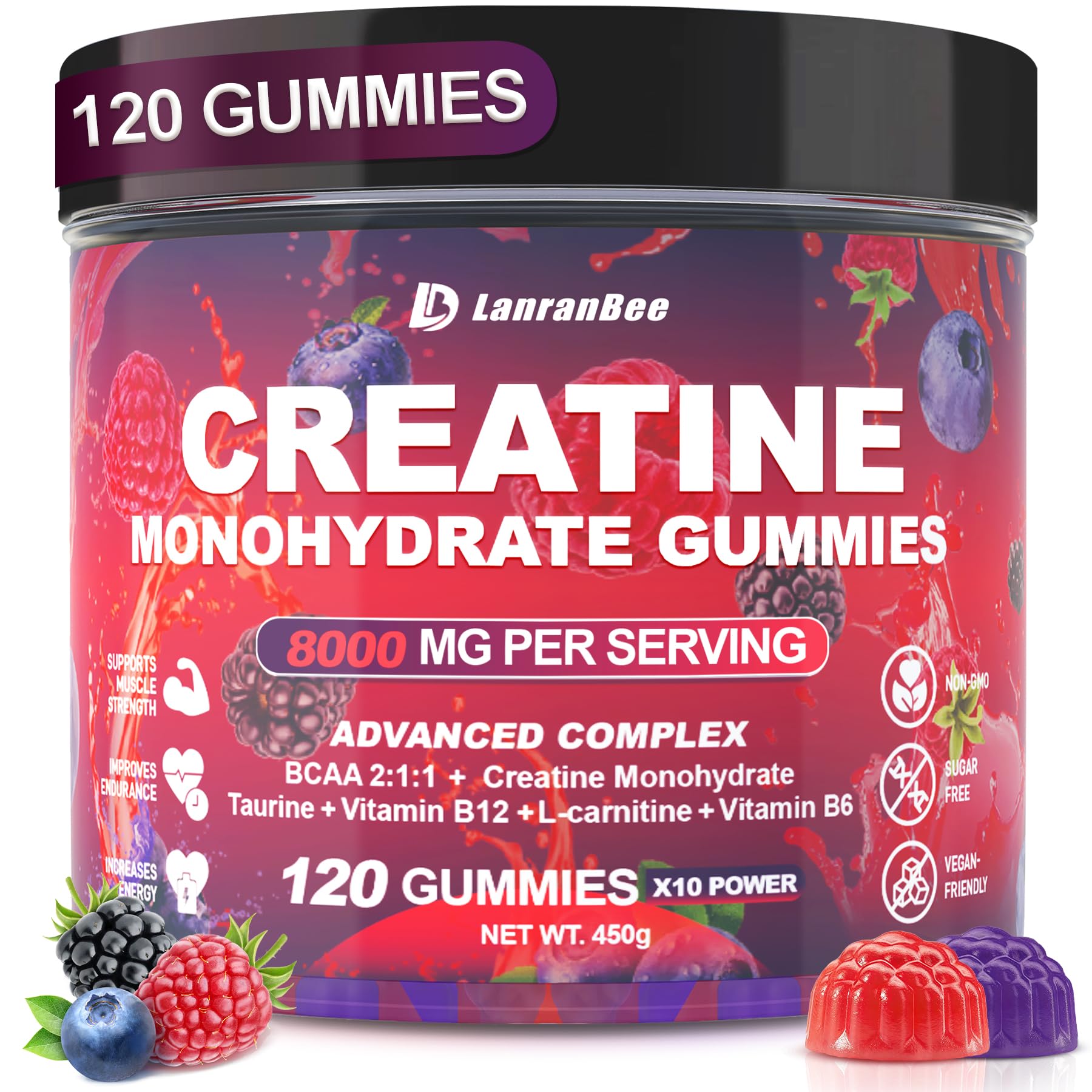LanranBee Creatina Monohidrato gomitas, bote Frambuesa, energía para entrenos