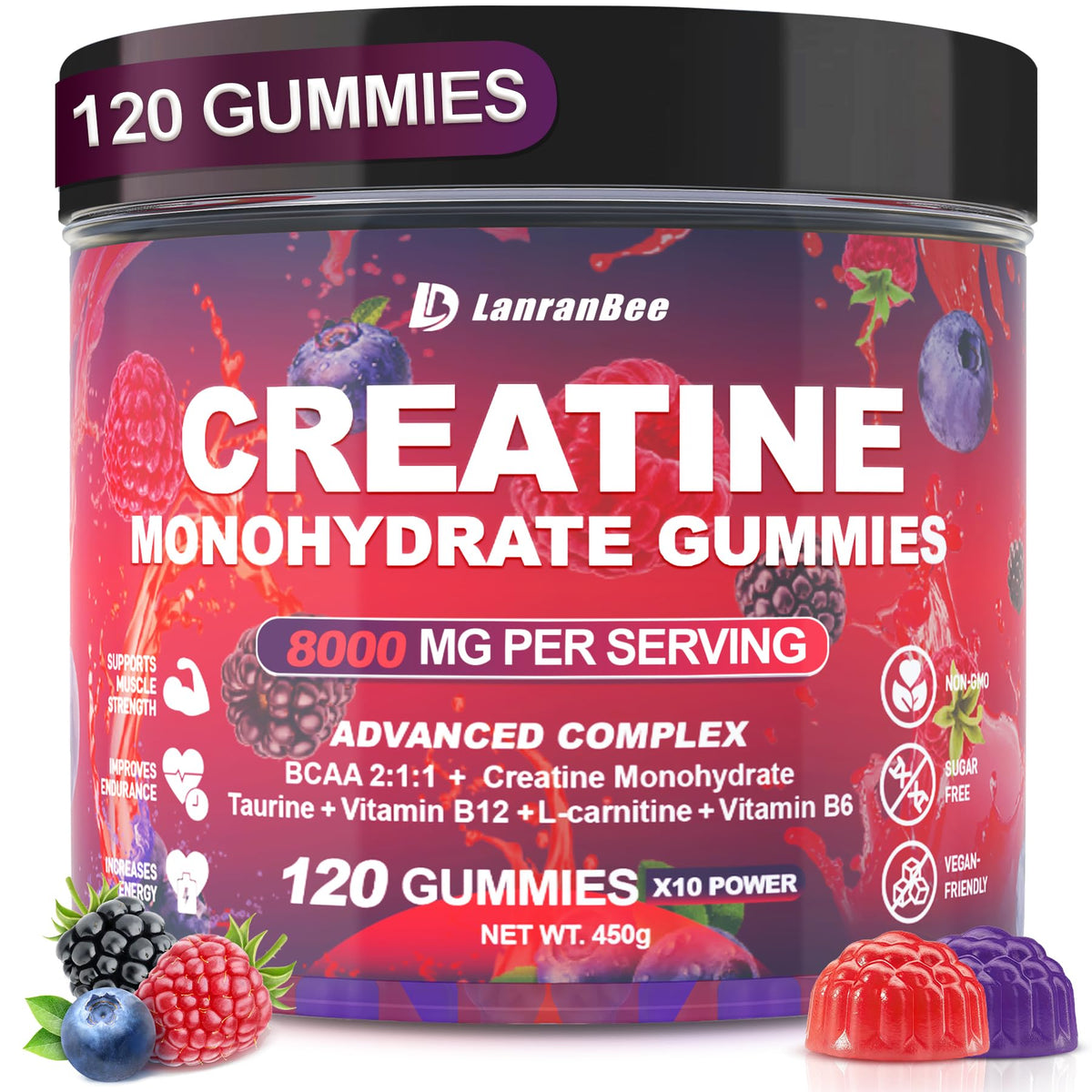 LanranBee Creatina Monohidrato gomitas, bote Frambuesa, energía para entrenos
