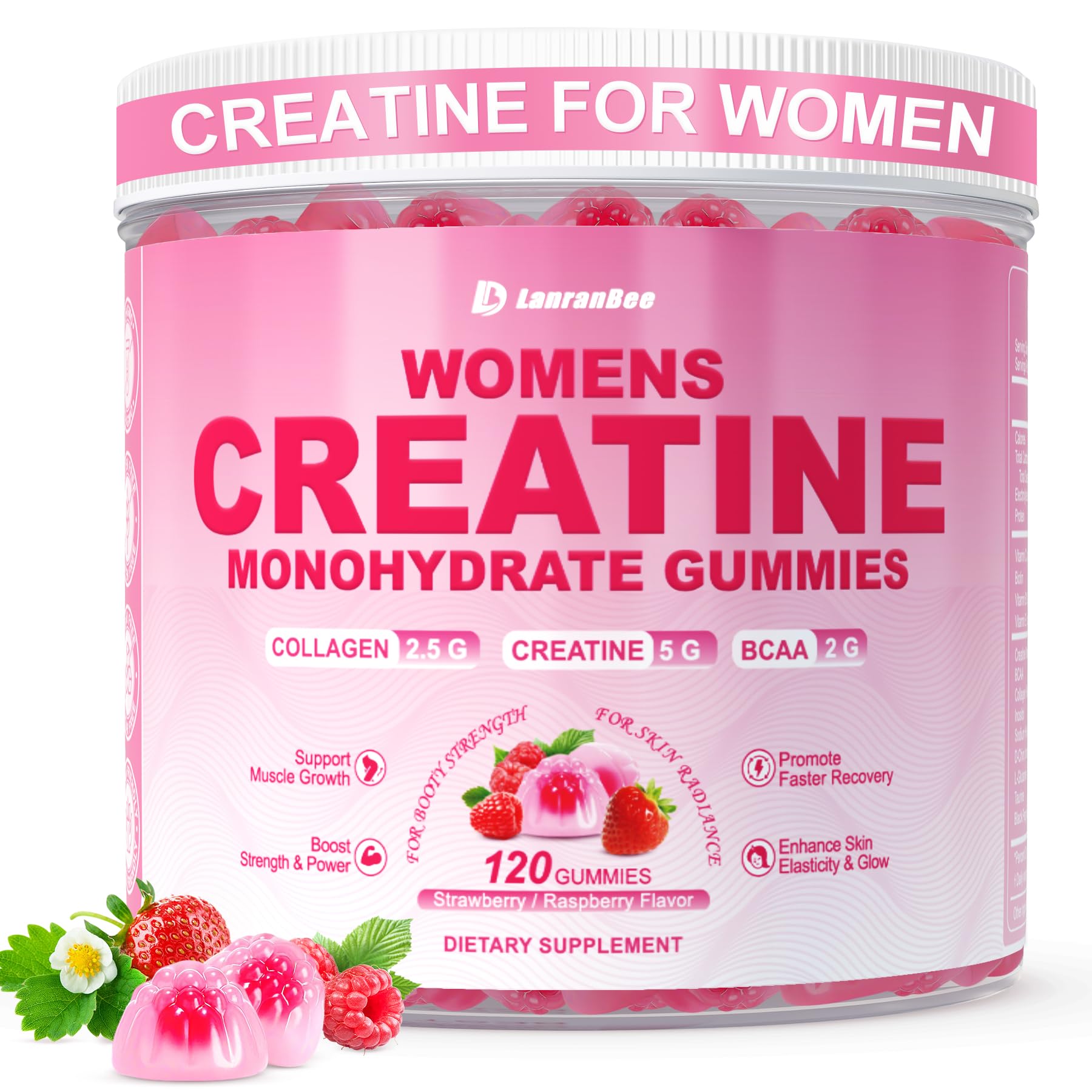 LanranBee Creatina para mujeres, ingredientes clave visibles para fuerza sostenida.