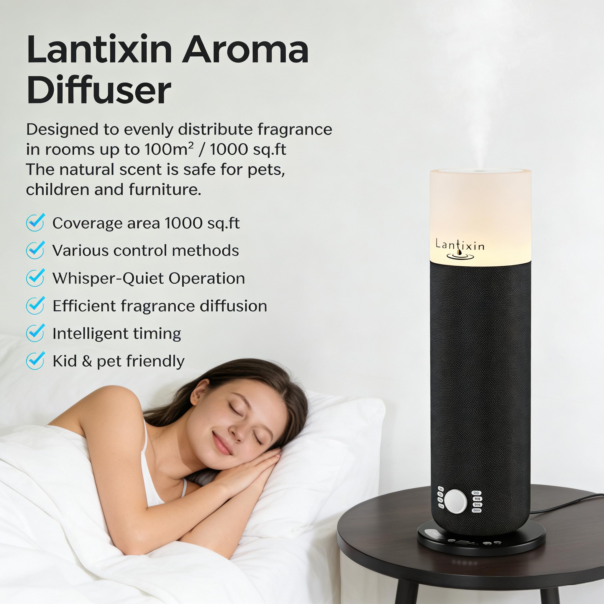 Lantixin difusor cubre más de 93 m², ideal para espacios grandes.