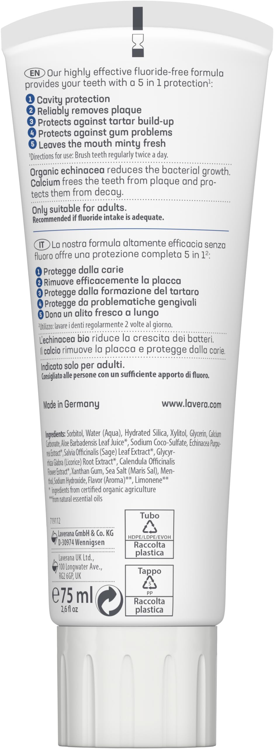 Pasta dental Lavera sin fluoruro, envase reciclable y tapón de plástico reciclado.