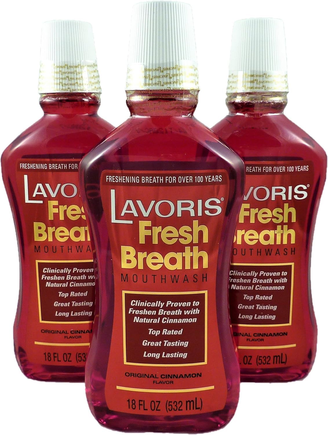 Lavoris Cinnamon Original enjuague bucal, botella de 18 onzas para frescura duradera.